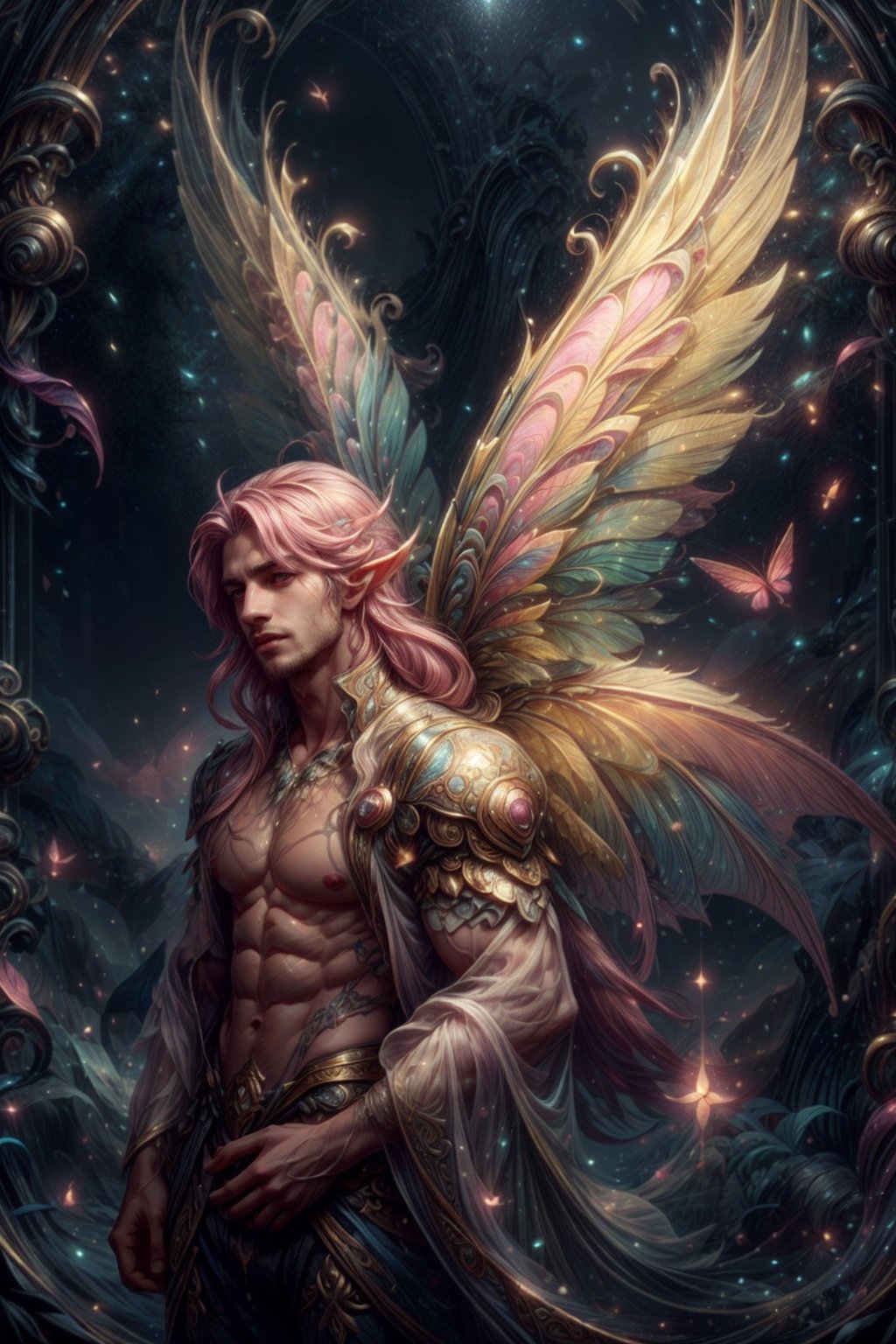 Raw, ,DonMF41ryW1ng5, magical, (a boy, male focus), long hair, detailed handsome face, fairy wings, translucent wings, yellow theme, casting magic, magic swirls, open tunic, pink hair, toned, futuristic, surreal.