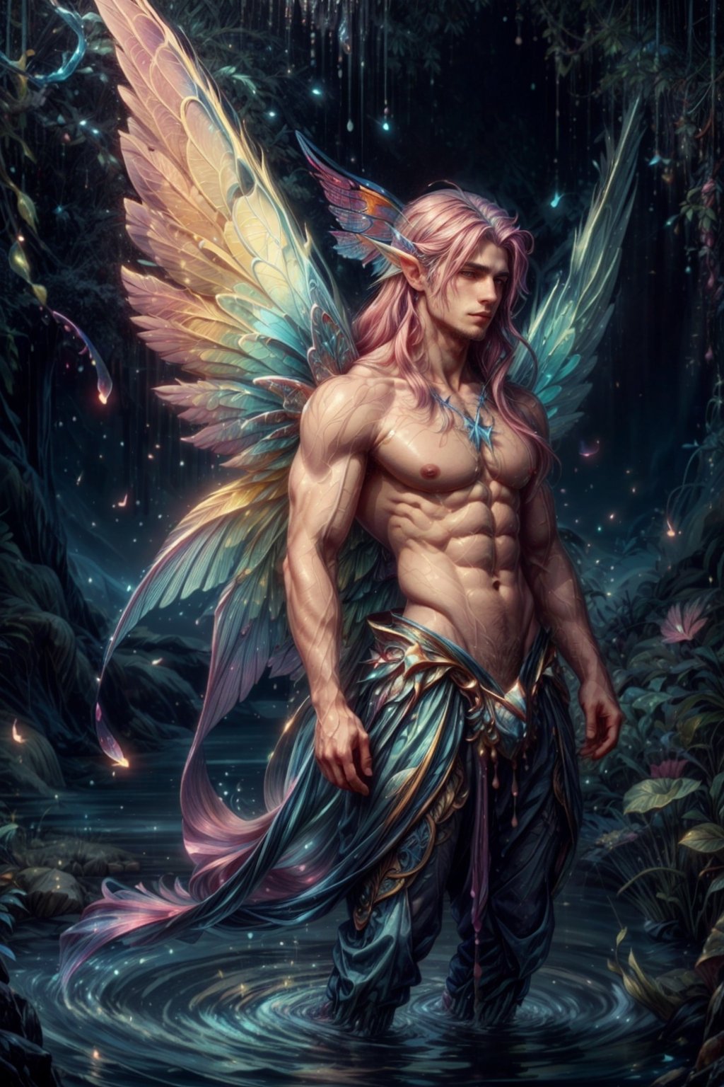 Raw, ,DonMF41ryW1ng5, magical, (a boy, male focus), long blue hair, standing naked in the water, detailed handsome face, fairy wings, translucent wings, yellow theme, casting magic, magic swirls, open tunic, pink hair, toned, futuristic, surreal, 