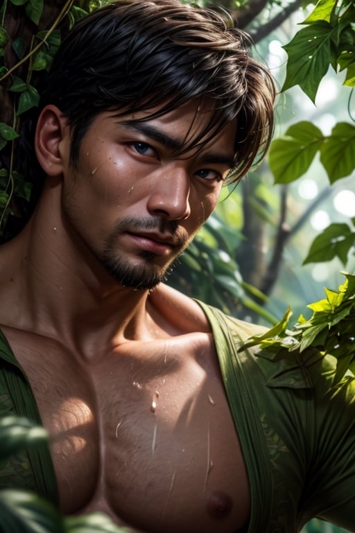 southeast asian man, in a tropical rainforest obscured by trees and plants, sweaty, nude, medium messy hair, looking at viewer, dynamic pose, face portrait, waterfall, vine, ivy, overgrown, penis,, best quality, masterpiece, realistic, cinematic composition, (detailed background), depth of field, intricate details, 8k, detailed skin texture, detailed face, realistic eyes, male focus, photo of a man