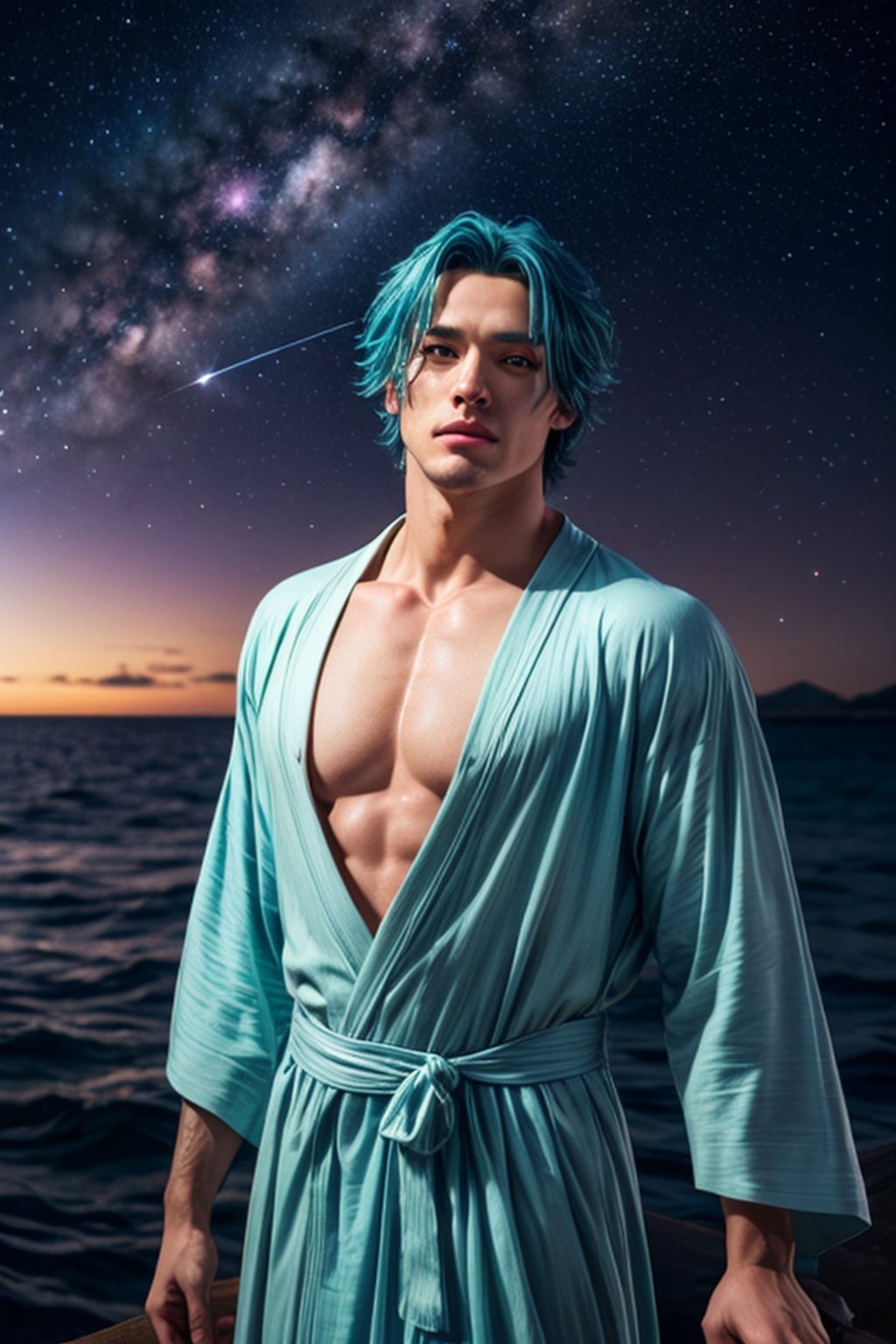 1boy, gorgeous, delicate, blue hair, wearing intricate light blue robe, barefoot, looking up into sky, standing in the middle of the ocean, beautiful aquamarine eyes, sky is galaxy and stars, shooting meteorites, longing, galaxy, nebula, milky way, dynamic pose, bright and vibrant night sky,, best quality, masterpiece, realistic, cinematic composition, (detailed background), depth of field, intricate details, 8k, detailed skin texture, detailed face, realistic eyes, male focus, photo of a man,