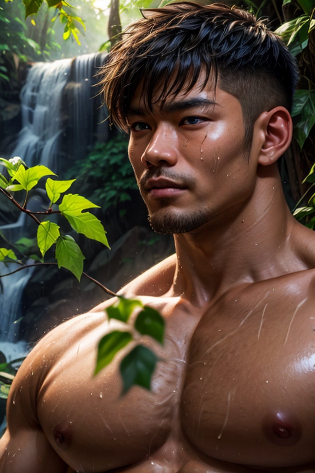 southeast asian man, in a tropical rainforest obscured by trees and plants, sweaty, nude, medium messy hair, looking at viewer, dynamic pose, face portrait, waterfall, vine, ivy, overgrown, penis,, best quality, masterpiece, realistic, cinematic composition, (detailed background), depth of field, intricate details, 8k, detailed skin texture, detailed face, realistic eyes, male focus, photo of a man