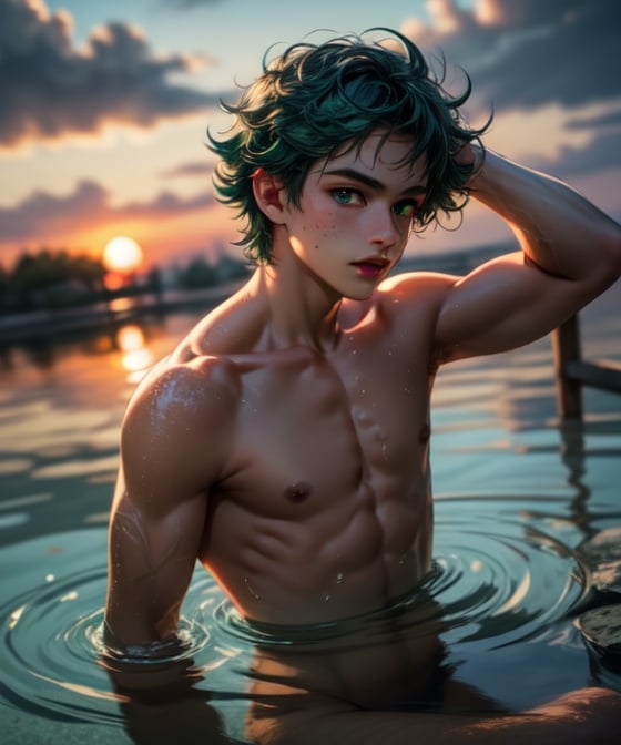 ((masterpiece)),((highestquality)),((8k)),((ultra-detailed)), 1boy, realistic, shiny body, posing, underwater, water surface, sunset, naked, upper body shot, deku,1boy,solo,male focus,green hair,green eyes,short hair,freckles,my hero academia