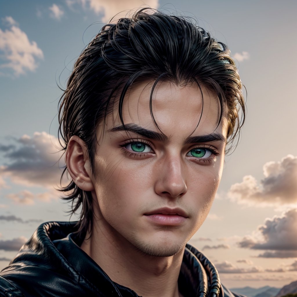 eren_jaeger, young man, 25 years old, muscular, solo, green eyes, looking at viewer, black hair, 1boy, closed mouth, male focus, outdoors, sky, cloud, portrait, sunset, front view, close-up, ,  