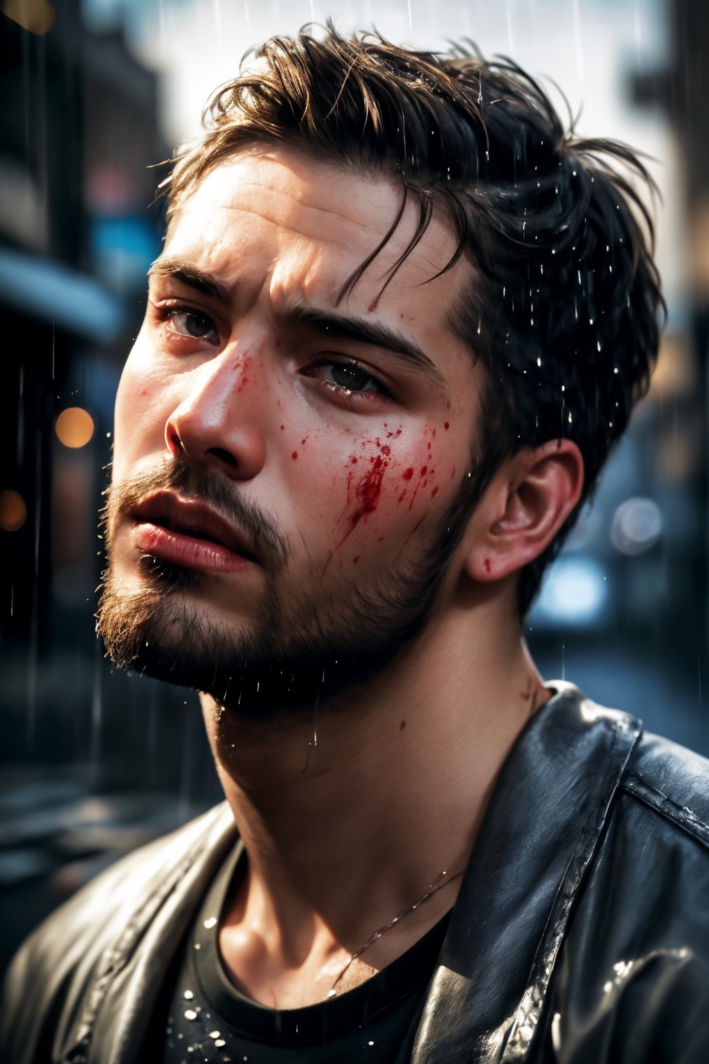 Epic composition, dynamic pose, (masterpiece, best quality), 2boy, 30 year old, chav, rough, dirty, mean, bully, druggie, two boys fist fighting, blood splatter, (streets), rain splashing raindrops puddles, realistic, dramatic lighting, atmospheric, intricate detail, Photorealistic, hyperdetailed, life-like, sharp focus, ((detailed realistic skin, life-like detailed realistic face)),