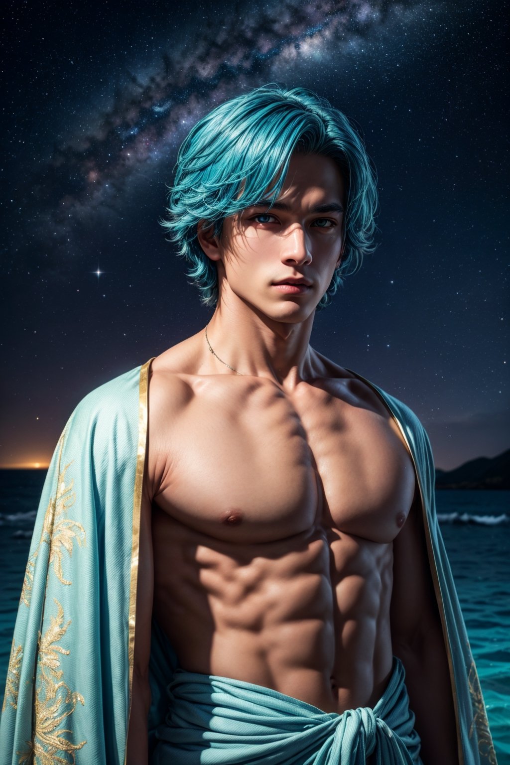 1boy, gorgeous, delicate, blue hair, wearing intricate light blue robe, barefoot, looking at viewer, standing in the middle of the ocean, beautiful aquamarine eyes, sky is galaxy and stars, shooting meteorites, longing, galaxy, nebula, milky way, dynamic pose, bright and vibrant night sky,, best quality, masterpiece, realistic, cinematic composition, (detailed background), depth of field, intricate details, 8k, detailed skin texture, detailed face, realistic eyes, male focus, photo of a man, upper body shot, shirtless, 