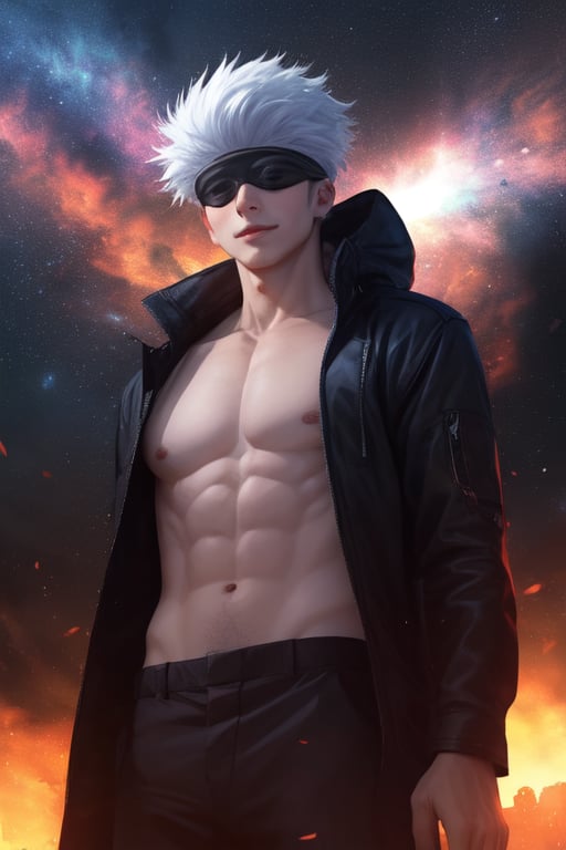 1boy,adult,satoru gojo,black blindfold,black jacket,white hair,looking at viewer,facing viewer,arrogant smile,(smile),show abs, jacket open, particle effect around,space, stars, universe, colorful universe, galaxies,(from below),masterpiece,extremely detailed CG unity 8k wallpaper, best quality,32k,focus sharp, ,starry