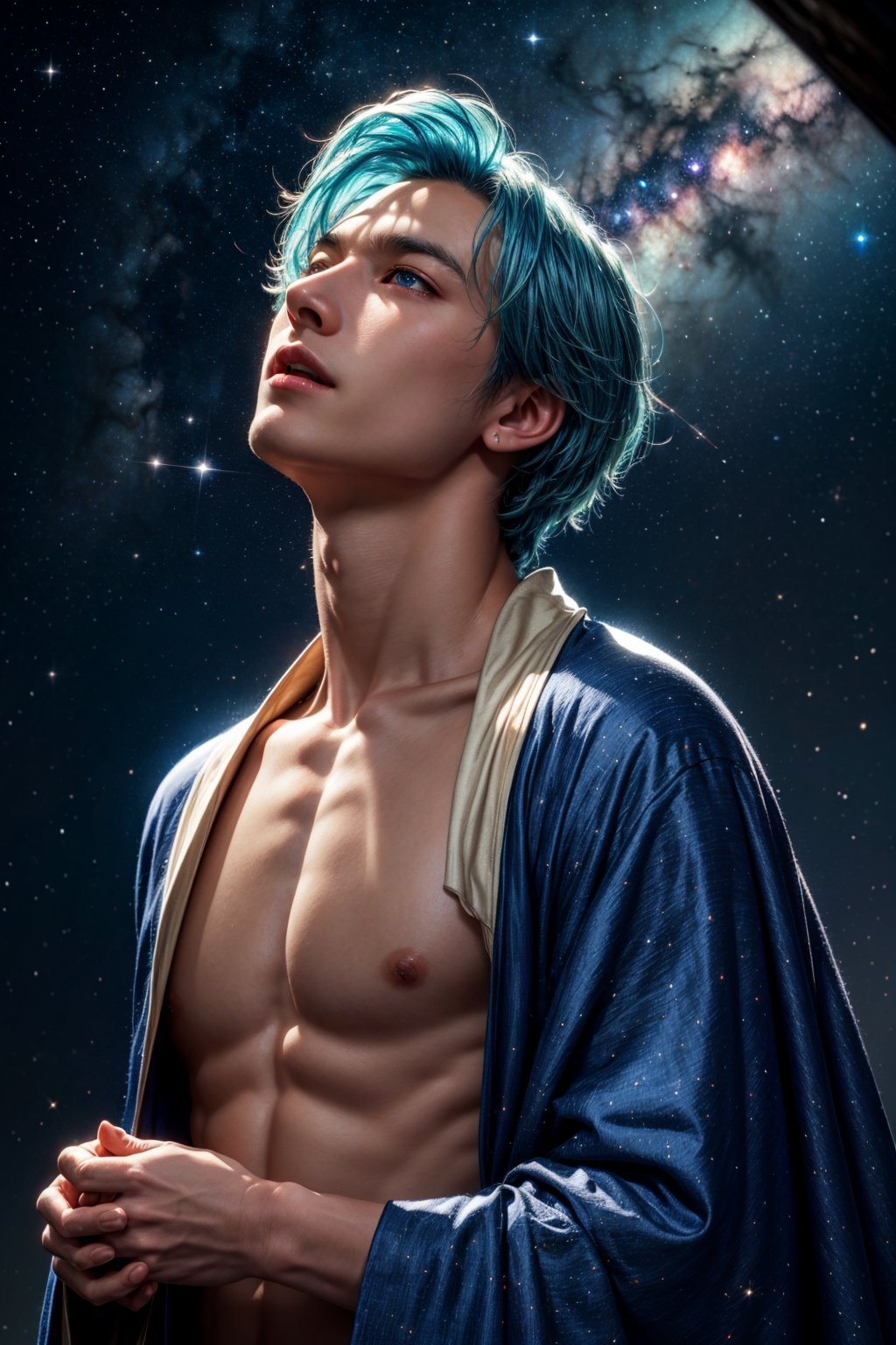 1boy, gorgeous, delicate, blue hair, wearing intricate light blue robe, barefoot, looking up into sky, standing in the middle of the ocean, beautiful aquamarine eyes, sky is galaxy and stars, shooting meteorites, longing, galaxy, nebula, milky way, dynamic pose, bright and vibrant night sky,, best quality, masterpiece, realistic, cinematic composition, (detailed background), depth of field, intricate details, 8k, detailed skin texture, detailed face, realistic eyes, male focus, photo of a man, upper body shot, shirtless, 