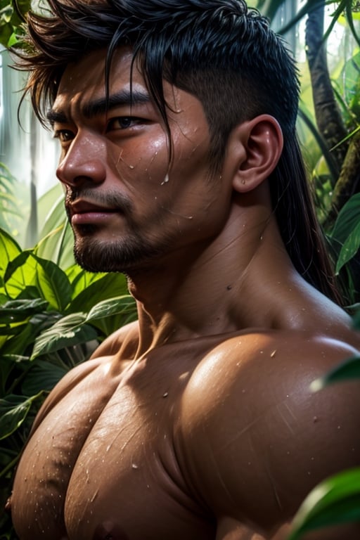 southeast asian man, in a tropical rainforest obscured by trees and plants, sweaty, nude, medium messy hair, looking at viewer, dynamic pose, face portrait, waterfall, vine, ivy, overgrown, penis,, best quality, masterpiece, realistic, cinematic composition, (detailed background), depth of field, intricate details, 8k, detailed skin texture, detailed face, realistic eyes, male focus, photo of a man