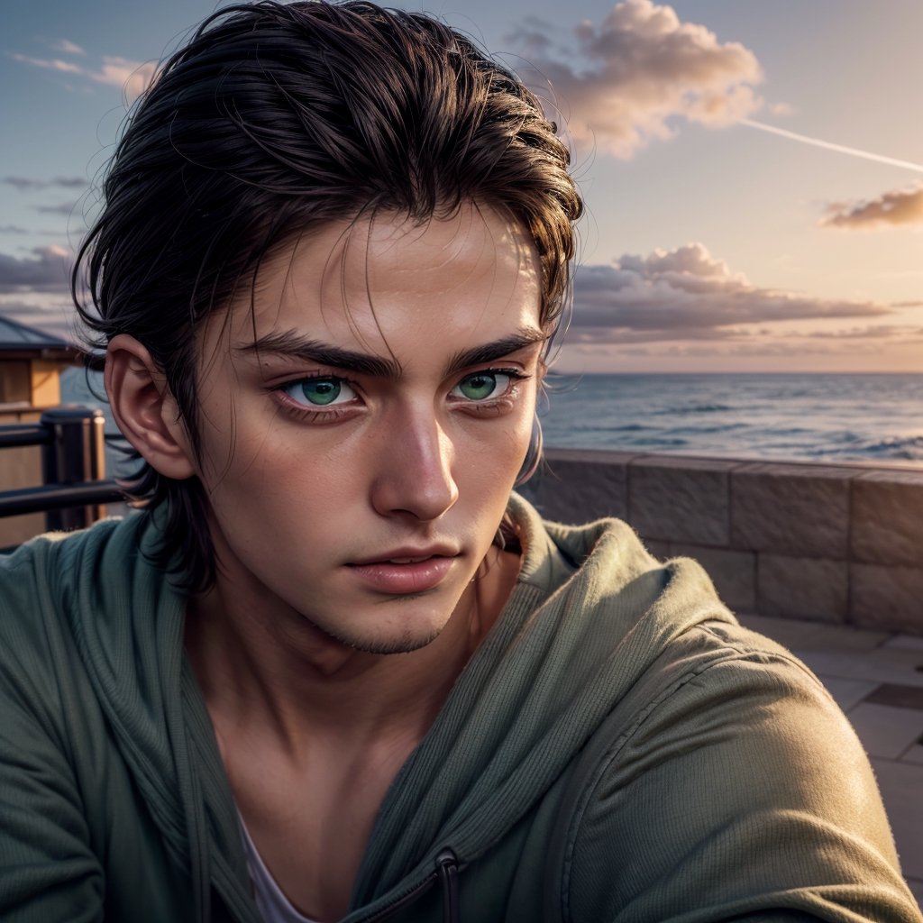 eren_jaeger, young man, 25 years old, muscular, solo, green eyes, looking at viewer, black hair, 1boy, closed mouth, male focus, outdoors, sky, cloud, portrait, sunset, front view, close-up, ,  