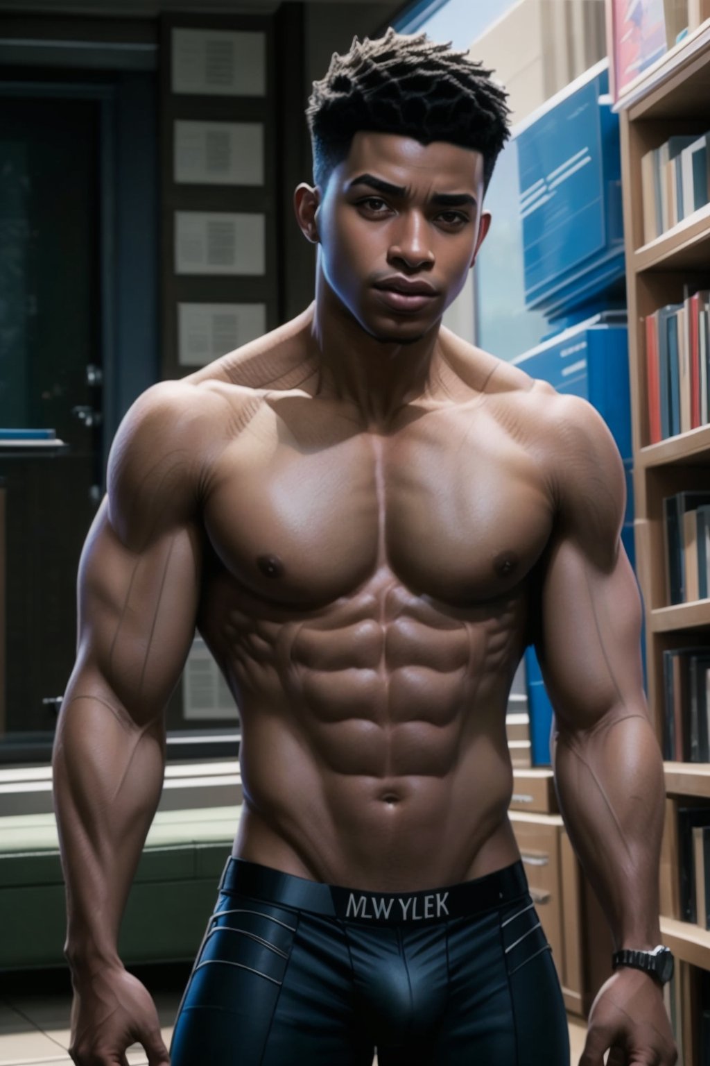 Slim 20years old, black spider pants, big bulge, at a college, Miles_morales, realistic, masterpiece, intricate details, detailed background, depth of field, shirtless, 🎧 