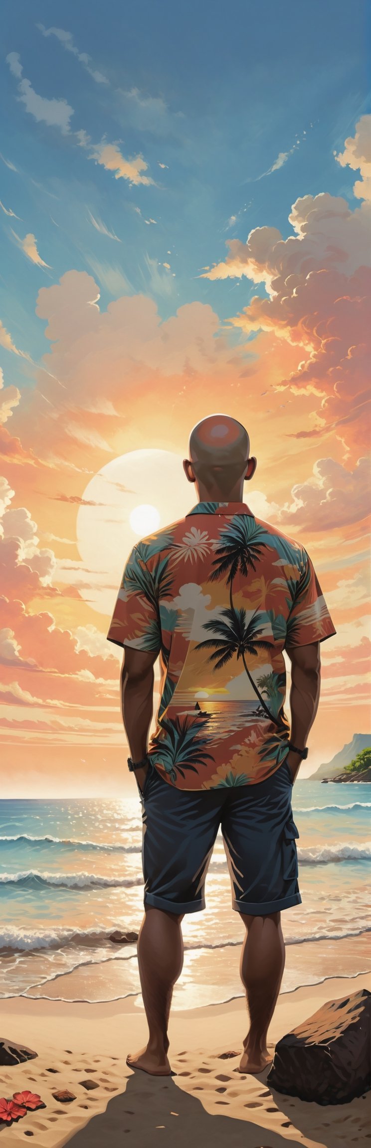 (Silhouette back view). A (Masterpiece), (Perfectly Detailed), (beautifully designed), (hyper-realistic), (((silhouette))) image of a back of a handsome indonesian man, sole_male, 40yo, (((bald))), short beard, toned_male, tan_skin, 75kg of weight, 160cm of heights. wearing a (((Hawaiian shirt))), and a square-rimmed glasses, watching the sunset while smoking on the beach. Clear afternoon sky, beautifull sunset. Focus on the sunset, looking_away_from_viewer, earthy color palette, jrpg, cartoonish vector, volumetric lights, nature-evocative, enchanting, whimsical, detailed, emotionally evocative, fantastical, imaginative, visually rich, nostalgic, vivid, expansive, atmospheric, dynamic, ever-changing, awe-inspiring, painterly, dramatic, dreamlike, emotive, best quality (sky 60%) art by MSchiffer,Leonardo Style