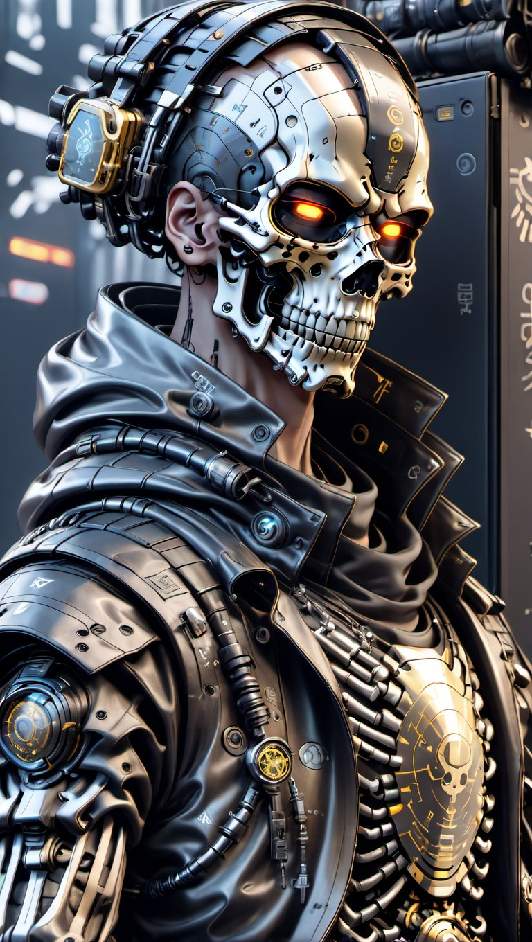 cyberpunk skeleton, art, nft, full-body_portrait, sole_male,cyborg style,mecha,oni style