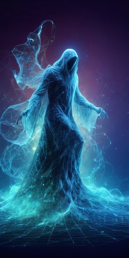 Ultra detailed illustration of the silhouette of Dementor of Harry Potter, phantasmagorical figure, (((translucent skin:1.5))), (((translucent body:1.5))), Black lights, light particles, colorful, dark colors, backlit, death aura.