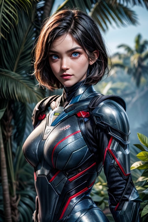 nanosuit armor from crysis game, full huge armor, complete black suit, shiny suit, gloss suit, tropical forest, an explosion in the background, 35-year-old American woman, 4k, hi-res, hdr, short hair, no weapon, watching viewers, serious expressions, detailed blue eyes, no wrinkles on armor, bold stance, muscular body, red markers on face