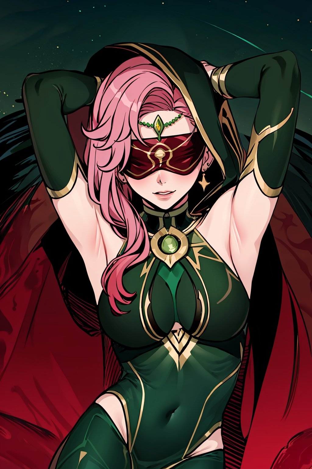  upper body,high quality , masterpiece, flat color, ornate, lineart,Babel, 1girl, solo, long hair, large breasts, bare shoulders, pink hair, dark green blindfold,desert sands,1 woman solo, busty figure, desert background, earrings hair_between_eyes jewelry blindfolded, night time, hood, high quality, best quality, 1girl, masterpiece, legs_open,pantyhose, high heels boots, green GEM, detailed face, dark green dress ,dark green theme, arms_above_head, showing_armpits,sexy, dark green blindfold,overall  dark green theme, green colored blindfold, blindfold in green color