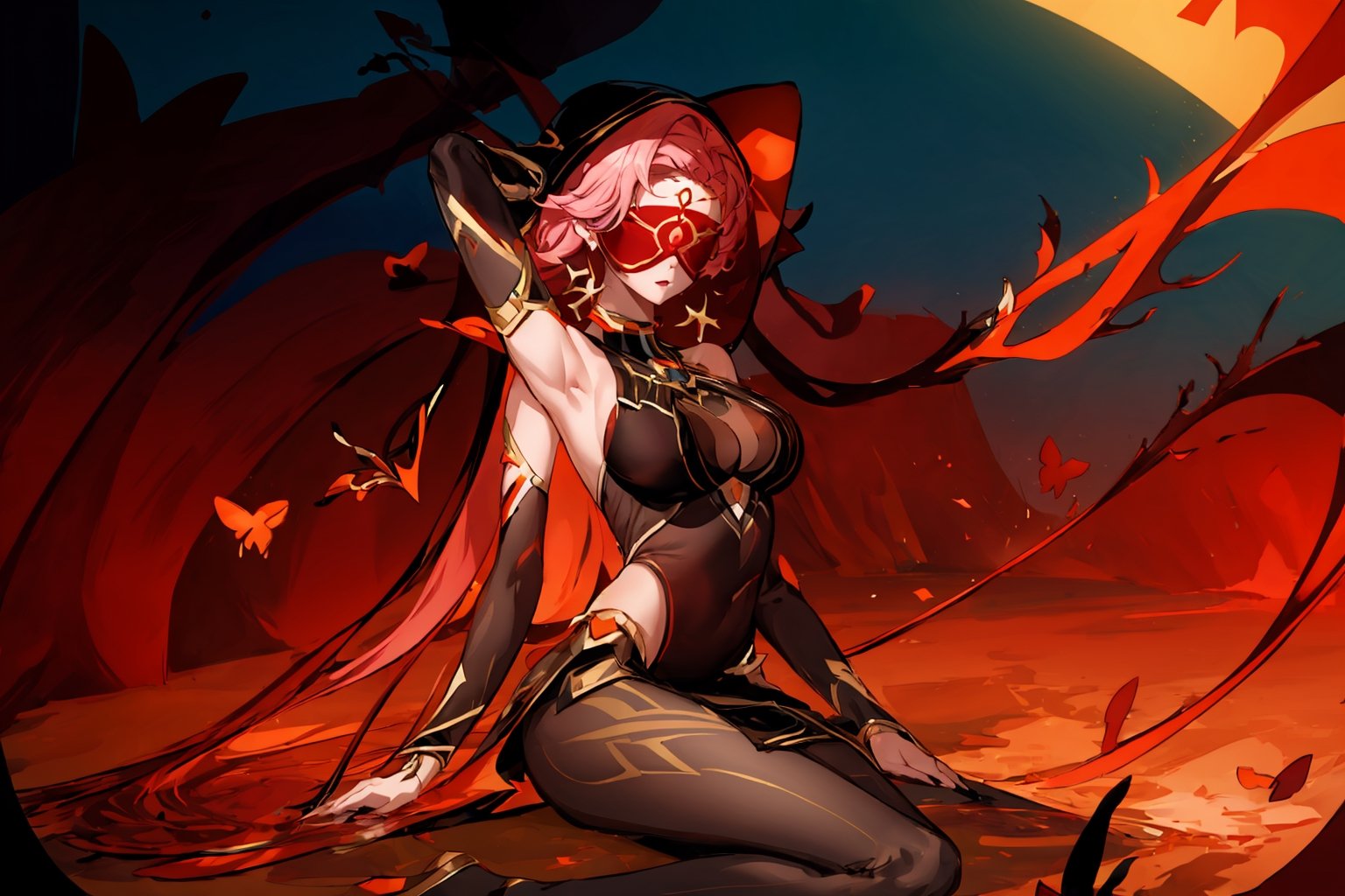 full_body ,high quality , masterpiece, flat color, orange ornate, lineart, Babel, 1girl, solo, long hair, large breasts, bare shoulders, pink hair, blindfold,desert sands,1 woman solo, busty figure, desert background, earrings hair_between_eyes jewelry blindfolded, night time, hood, high quality, best quality, 1girl, masterpiece,  ,pantyhose, high heels boots,GEM, detailed face,red theme, sitting,arms_above_head