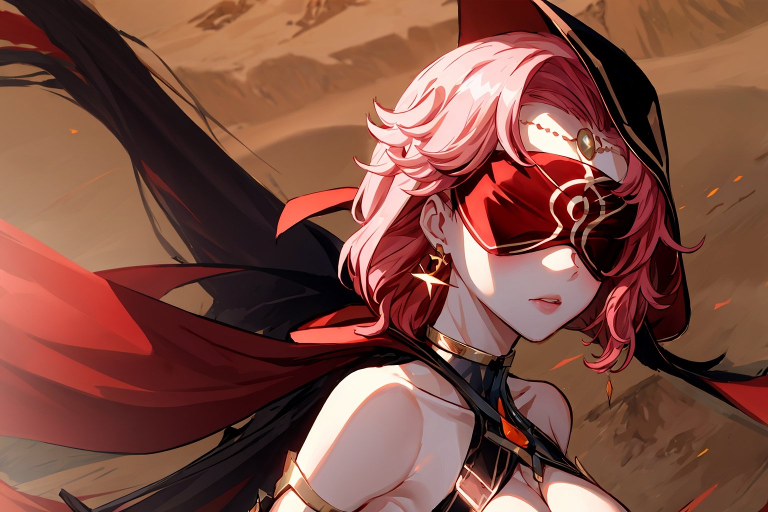 high quality , masterpiece, Babel, 1girl, solo, long hair, large breasts, bare shoulders, pink hair, blindfold,desert sands,1 woman solo, busty figure, desert background, earrings hair_between_eyes jewelry blindfolded, night time, hood, high quality, best quality, 1girl, masterpiece, high heels boots,GEM, detailed face,red theme,  face focus, hood , hoodie