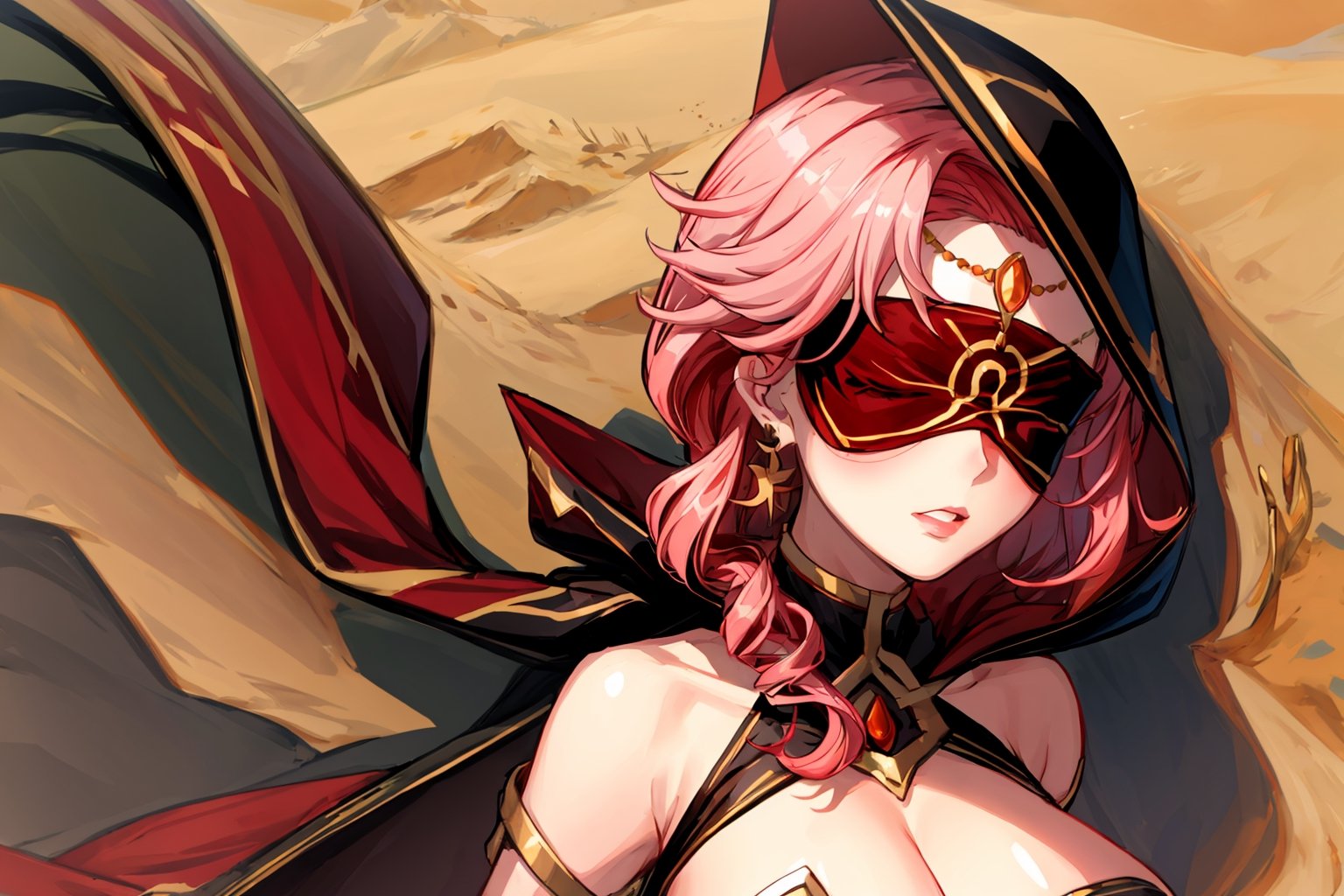 high quality , masterpiece, Babel, 1girl, solo, long hair, large breasts, bare shoulders, pink hair, blindfold,desert sands,1 woman solo, busty figure, desert background, earrings hair_between_eyes jewelry blindfolded, night time, hood, high quality, best quality, 1girl, masterpiece, high heels boots,GEM, detailed face,red theme,  face focus, hood , hoodie, cleavage cutout,cleavage cutout, nsfw