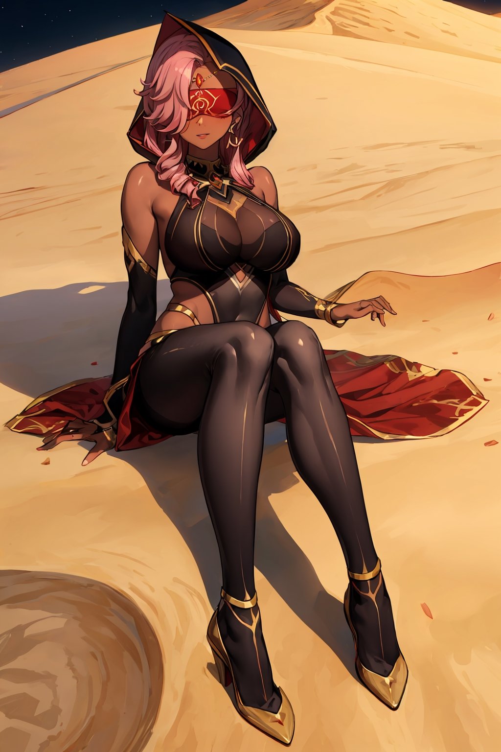 Babel, 1girl, solo, long hair, large breasts, bare shoulders, pink hair,  blindfold,desert sands,1 woman solo, busty figure, desert background, dark-skinned_female, earrings hair_between_eyes jewelry blindfolded, night time, hood, high quality, best quality, 1girl, masterpiece, dark skin, full body, lying, near water , legs_open,pantyhose, high heels boots