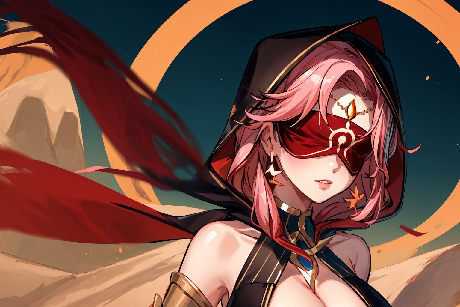 high quality , masterpiece, Babel, 1girl, solo, long hair, large breasts, bare shoulders, pink hair, blindfold,desert sands,1 woman solo, busty figure, desert background, earrings hair_between_eyes jewelry blindfolded, night time, hood, high quality, best quality, 1girl, masterpiece, high heels boots,GEM, detailed face,red theme,  face focus, hood , hoodie, cleavage cutout,cleavage cutout, nsfw