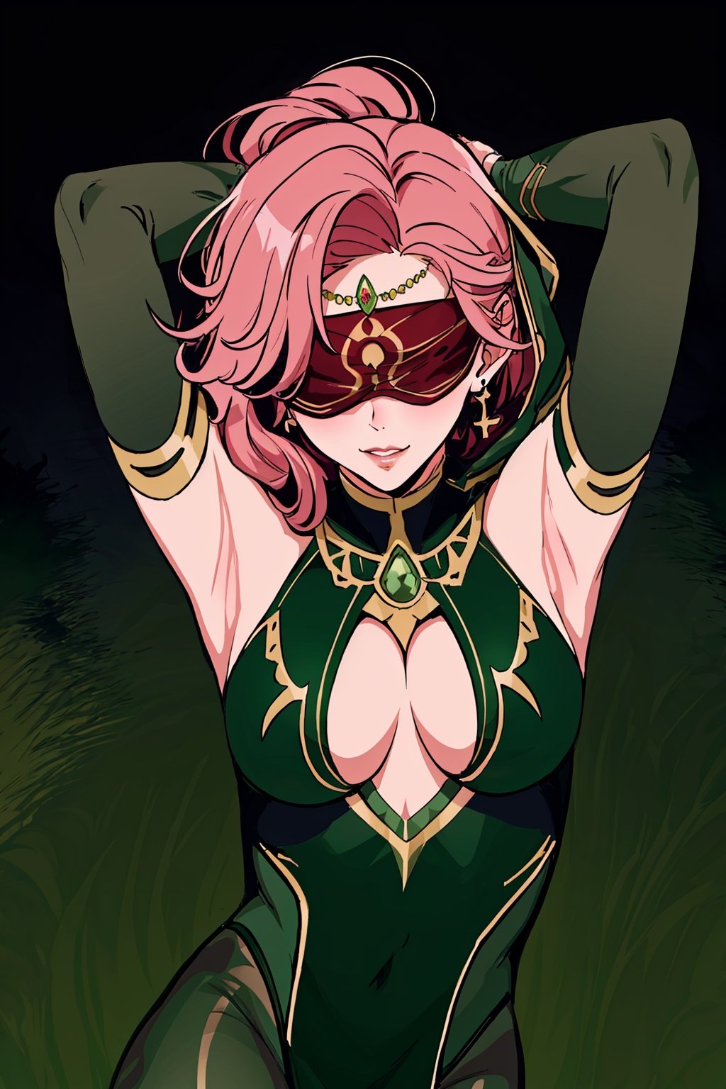  upper body,high quality , masterpiece, flat color, ornate, lineart,Babel, 1girl, solo, long hair, large breasts, bare shoulders, pink hair, dark green blindfold,desert sands,1 woman solo, busty figure, desert background, earrings hair_between_eyes jewelry blindfolded, night time, hood, high quality, best quality, 1girl, masterpiece, legs_open,pantyhose, high heels boots, green GEM, detailed face, dark green dress ,dark green theme, arms_above_head, showing_armpits,sexy, dark green blindfold,overall  dark green theme, green colored blindfold, blindfold in green color