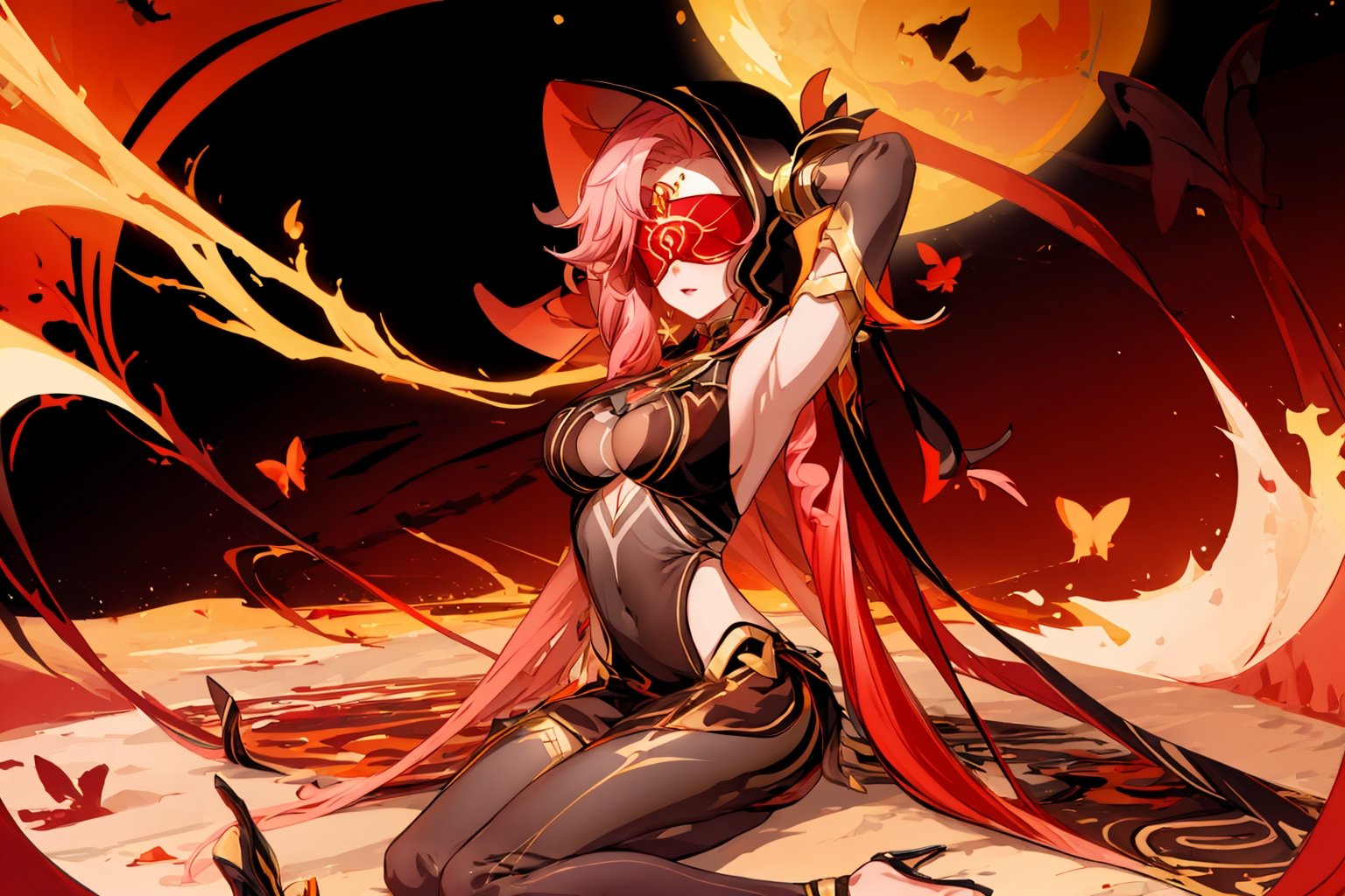 full_body ,high quality , masterpiece, flat color, orange ornate, lineart, Babel, 1girl, solo, long hair, large breasts, bare shoulders, pink hair, blindfold,desert sands,1 woman solo, busty figure, desert background, earrings hair_between_eyes jewelry blindfolded, night time, hood, high quality, best quality, 1girl, masterpiece,  ,pantyhose, high heels boots,GEM, detailed face,red theme, sitting,arms_above_head