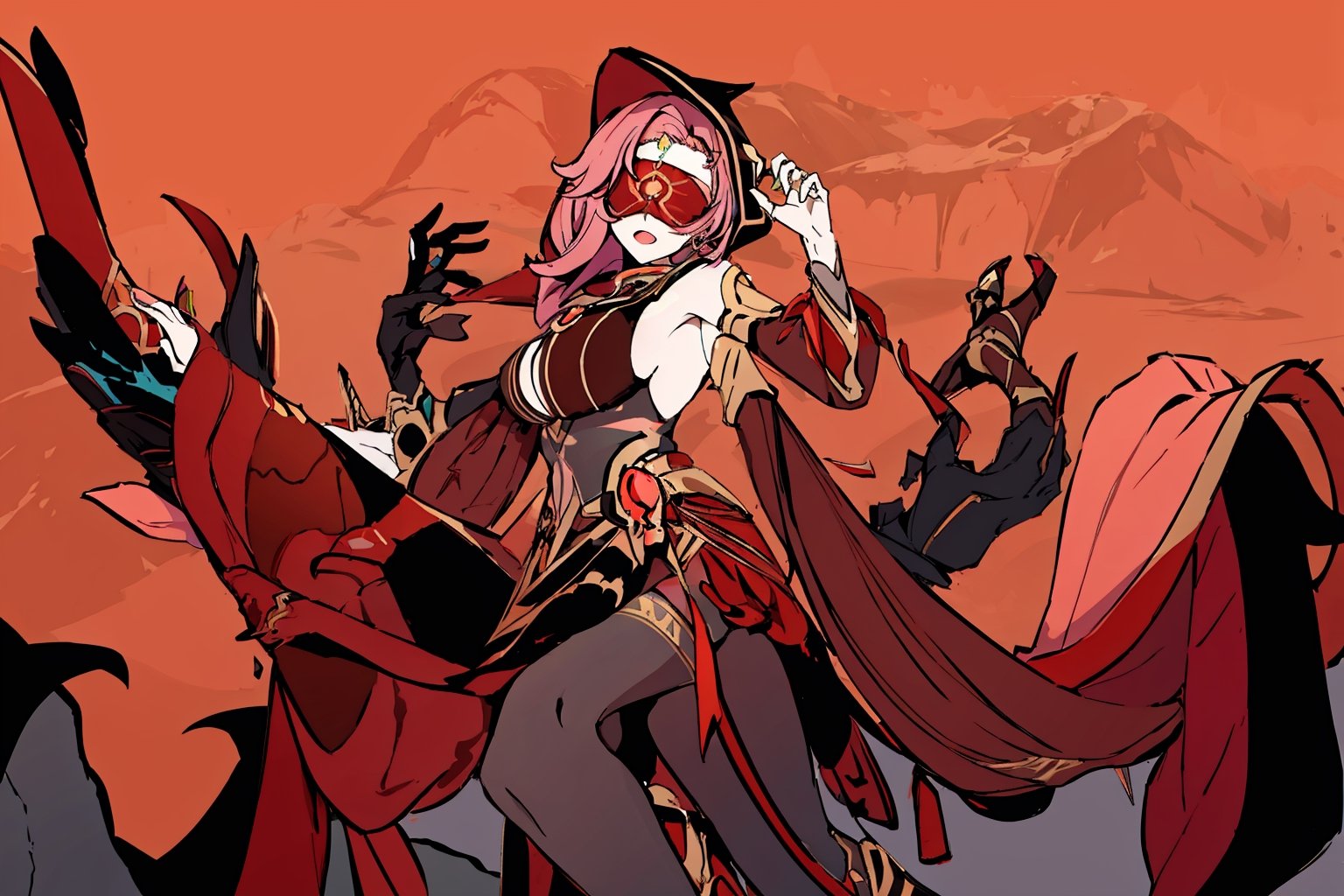 full body,high quality , masterpiece, flat color, green ornate, lineart, Babel, 1girl, solo, long hair, large breasts, bare shoulders, pink hair, blindfold,desert sands,1 woman solo, busty figure, desert background, earrings hair_between_eyes jewelry blindfolded, night time, hood, high quality, best quality, 1girl, masterpiece, legs_open,pantyhose, high heels boots,GEM, detailed face,