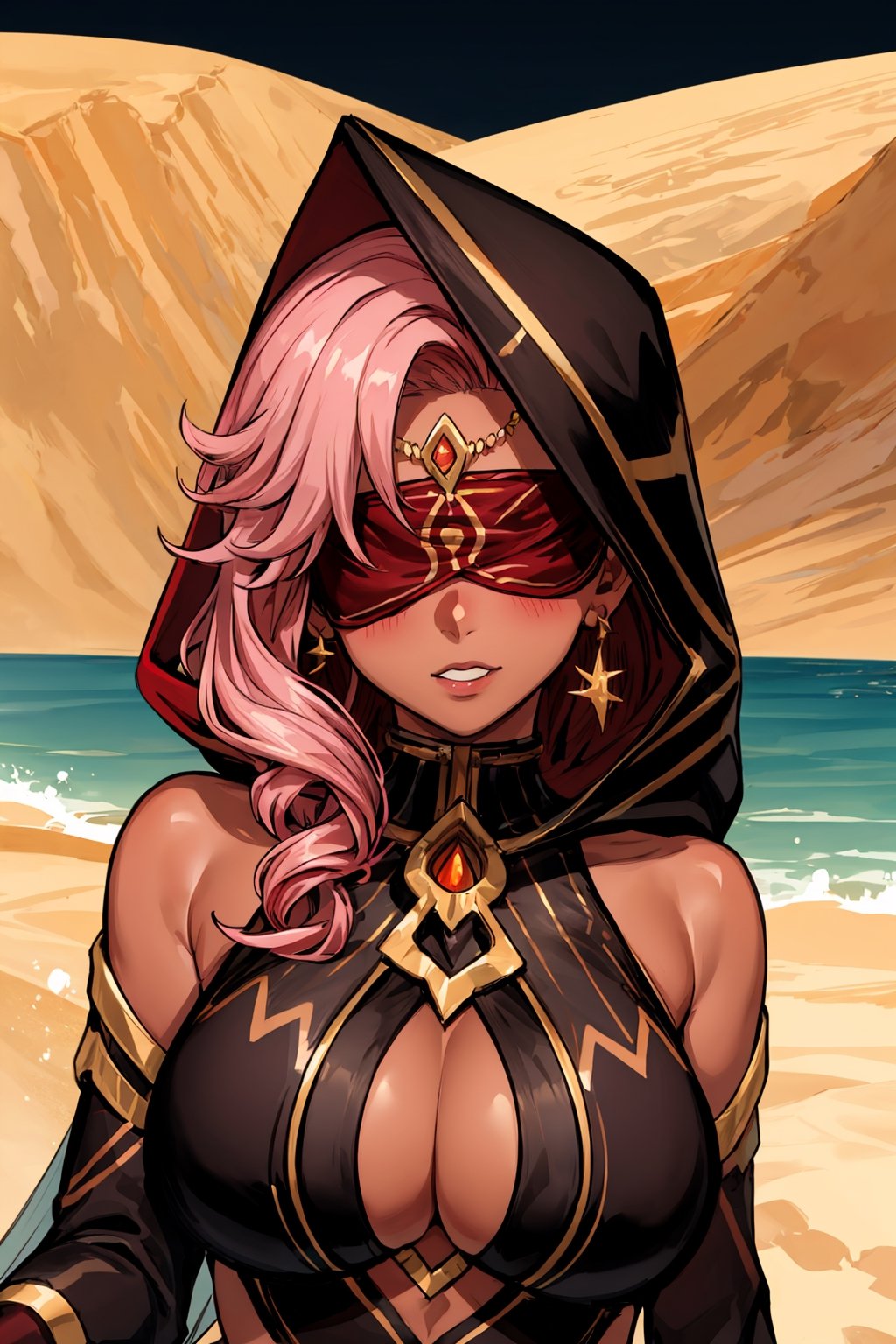 Babel, 1girl, solo, long hair, large breasts, bare shoulders, pink hair,  blindfold,desert sands,1 woman solo, busty figure, desert background, dark-skinned_female, earrings hair_between_eyes jewelry blindfolded, night time, hood, high quality, best quality, 1girl, masterpiece, dark skin,  near water ,face focus , zoom, 