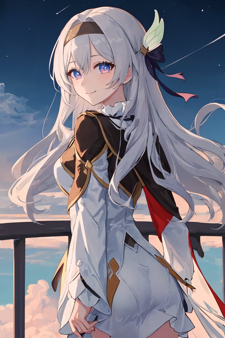 best quality, masterpiece, highres, ,firefly \(honkai: star rail\), 1girl, solo, long hair, smile, blue eyes, closed mouth, looking at viewer, outdoors, bangs, long sleeves, hair ornament, hairband, hair between eyes, cloudy sky, red cape, blue sky, star \(sky\), night sky, white hair, upper body, white shirt, railing, viewed from behind , bending over