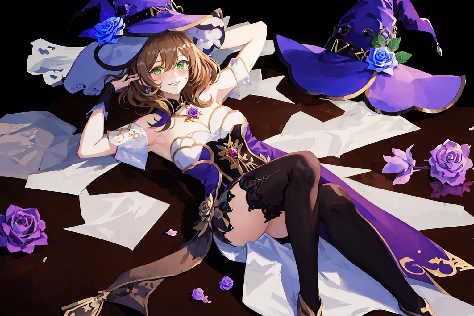 best quality, masterpiece, highres, solo, short_hair, green_eyes, bangs, brown_hair, flower, breasts, smile, hat, rose, cleavage, medium_breasts, purple_flower, witch_hat, hair_between_eyes, purple_headwear, hair_ornament, jewelry, hair_flower, purple_rose, hat_flower, blush,lisa_genshin,portrait,dark background, simple dark background,  dark background ,full_body,long_hair,illustration,line anime,, full_body, laying_down,arms_above_head, armpit, crossed_legs_(lying),sexy thighs 