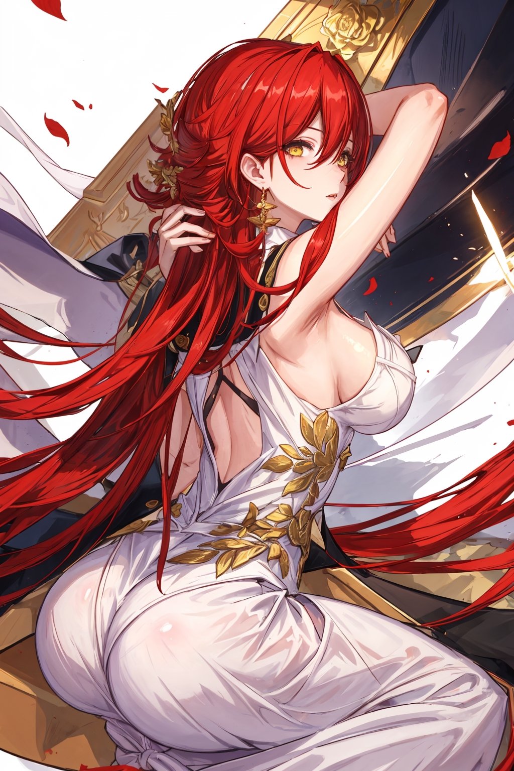 (Masterpiece, top quality, best quality, official art, beautiful and aesthetic:1.2), 1girl, official, head, yellow eyes, red hair, long hair, white dress, golden rose on neck, single earring, from_behind,ass,black coat