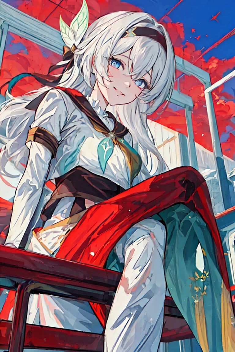 best quality, masterpiece, highres, ,firefly \(honkai: star rail\), 1girl, solo, long hair, smile, blue eyes, closed mouth, looking at viewer, outdoors, bangs, long sleeves, hair ornament, hairband, hair between eyes, cloudy sky, red cape, blue sky, star \(sky\), night sky, white hair, upper body, white shirt, railing,line anime