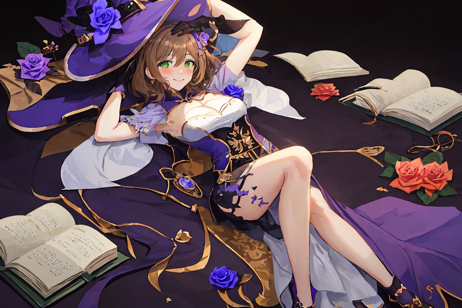 best quality, masterpiece, highres, solo, short_hair, green_eyes, bangs, brown_hair, flower, breasts, smile, hat, rose, cleavage, medium_breasts, purple_flower, witch_hat, hair_between_eyes, purple_headwear, hair_ornament, jewelry, hair_flower, purple_rose, hat_flower, blush,lisa_genshin,portrait,dark background, simple dark background,  dark background ,full_body,long_hair,illustration,, full_body, laying_down,arms_above_head, armpit, crossed_legs_(lying)