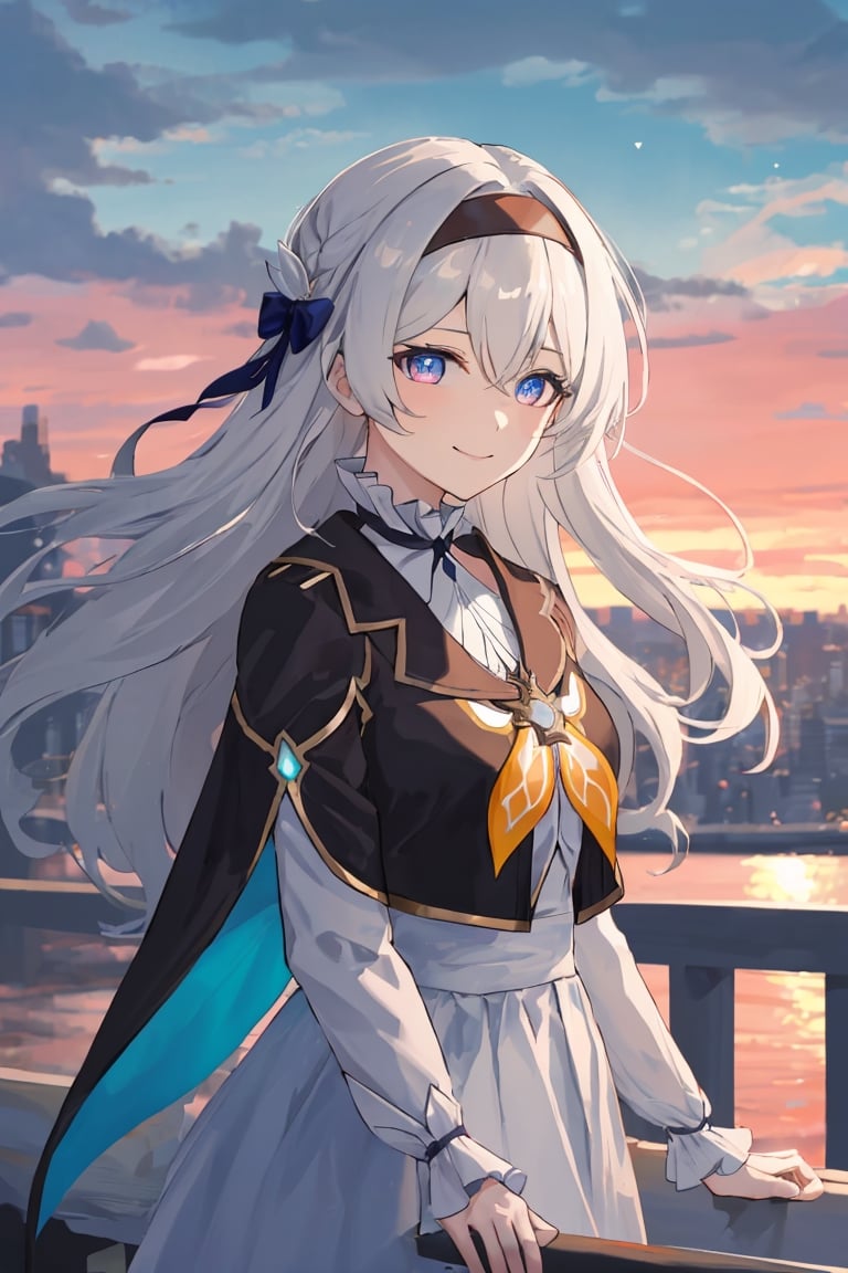 best quality, masterpiece, highres, ,firefly \(honkai: star rail\), 1girl, solo, long hair, smile, blue eyes, closed mouth, looking at viewer, outdoors, bangs, long sleeves, hair ornament, hairband, hair between eyes, cloudy sky, red cape, blue sky, star \(sky\), night sky, white hair, upper body, white shirt, railing,