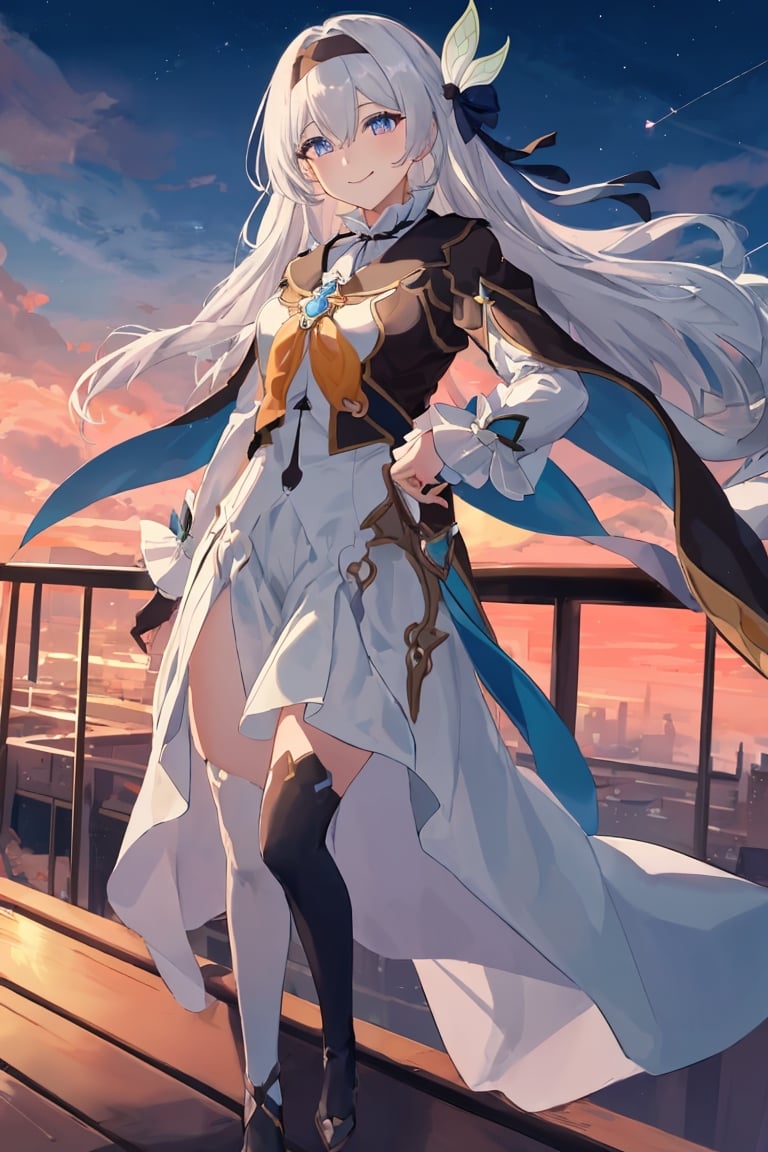 best quality, masterpiece, highres, ,firefly \(honkai: star rail\), 1girl, solo, long hair, smile, blue eyes, closed mouth, looking at viewer, outdoors, bangs, long sleeves, hair ornament, hairband, hair between eyes, cloudy sky, red cape, blue sky, star \(sky\), night sky, white hair, upper body, white shirt, railing,line anime