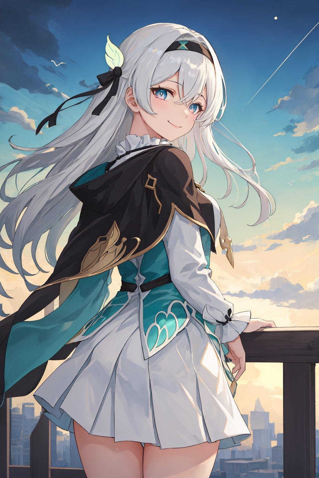 best quality, masterpiece, highres, ,firefly \(honkai: star rail\), 1girl, solo, long hair, smile, blue eyes, closed mouth, looking at viewer, outdoors, bangs, long sleeves, hair ornament, hairband, hair between eyes, cloudy sky, turquoise cape, blue sky, star \(sky\), night sky, white hair, upper body, white shirt, railing, viewed from behind , white skirt, revealing thighs, bend_over