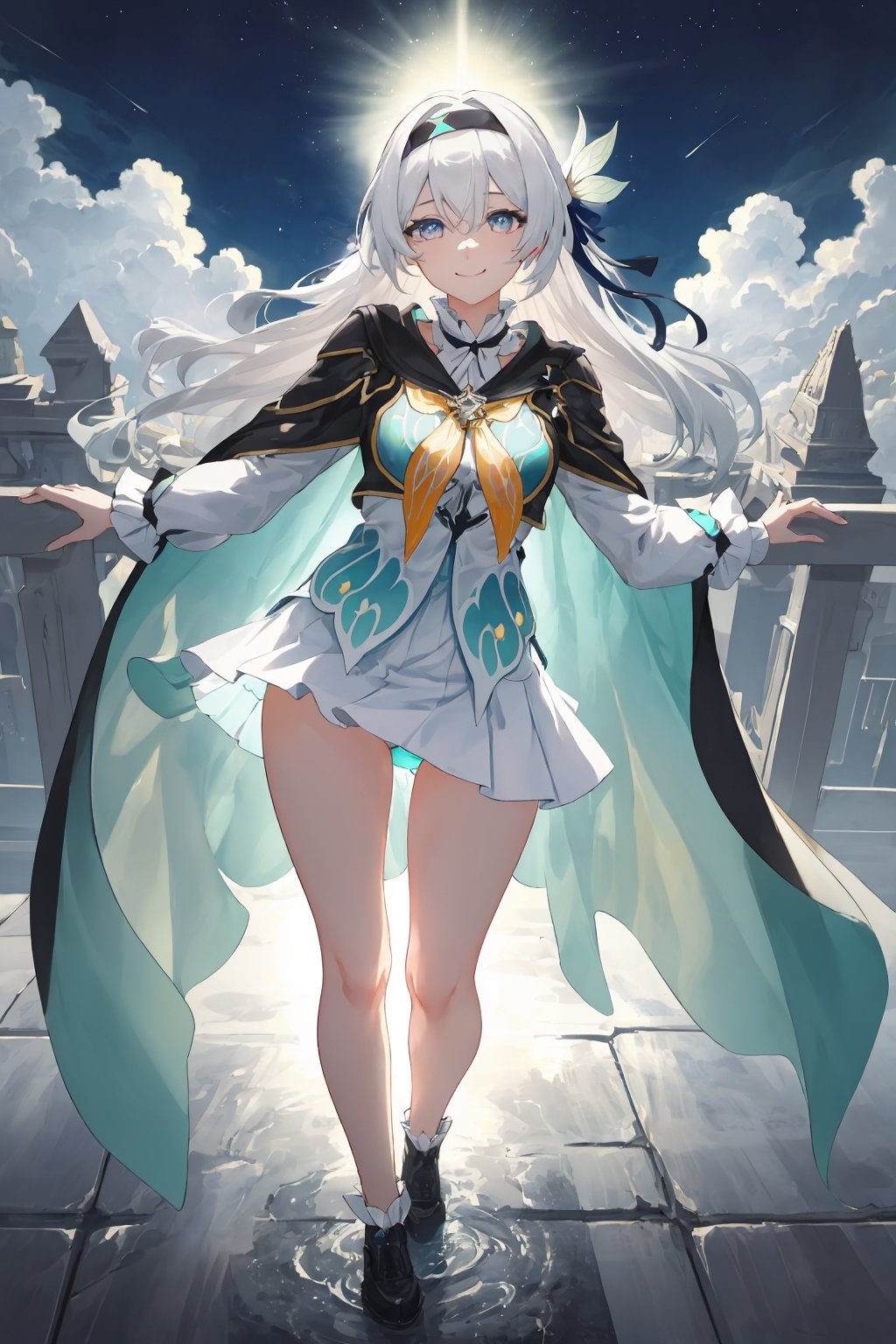 best quality, masterpiece, highres, ,firefly \(honkai: star rail\), 1girl, solo, long hair, smile, blue eyes, closed mouth, looking at viewer, outdoors, bangs, long sleeves, hair ornament, hairband, hair between eyes, cloudy sky, turquoise cape, blue sky, star \(sky\), night sky, white hair, full body, white shirt,  viewed from front , flowing white skirt, revealing thighs, leaning_back, standing , very low camera angle shot, low-angle_shot, white panties , leg_spread