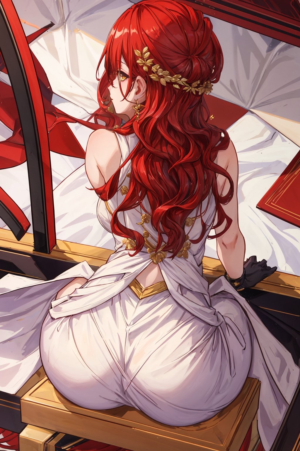 (Masterpiece, top quality, best quality, official art, beautiful and aesthetic:1.2), 1girl, official, head, yellow eyes, red hair, long hair, white dress, golden rose on neck, single earring, from_behind,ass,black coat