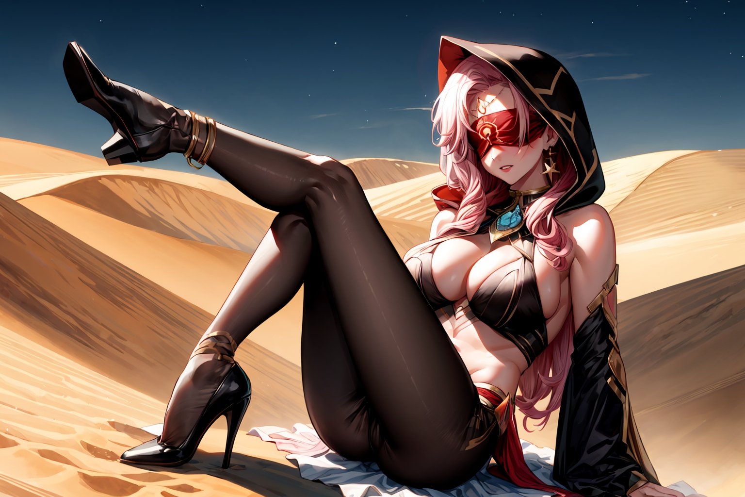 Babel, 1girl, solo, long hair, large breasts, bare shoulders, pink hair,  blindfold,desert sands,1 woman solo, busty figure, desert background, earrings hair_between_eyes jewelry blindfolded, night time, hood, high quality, best quality, 1girl, masterpiece, legs_open,pantyhose, high heels boots,GEM, detailed face,