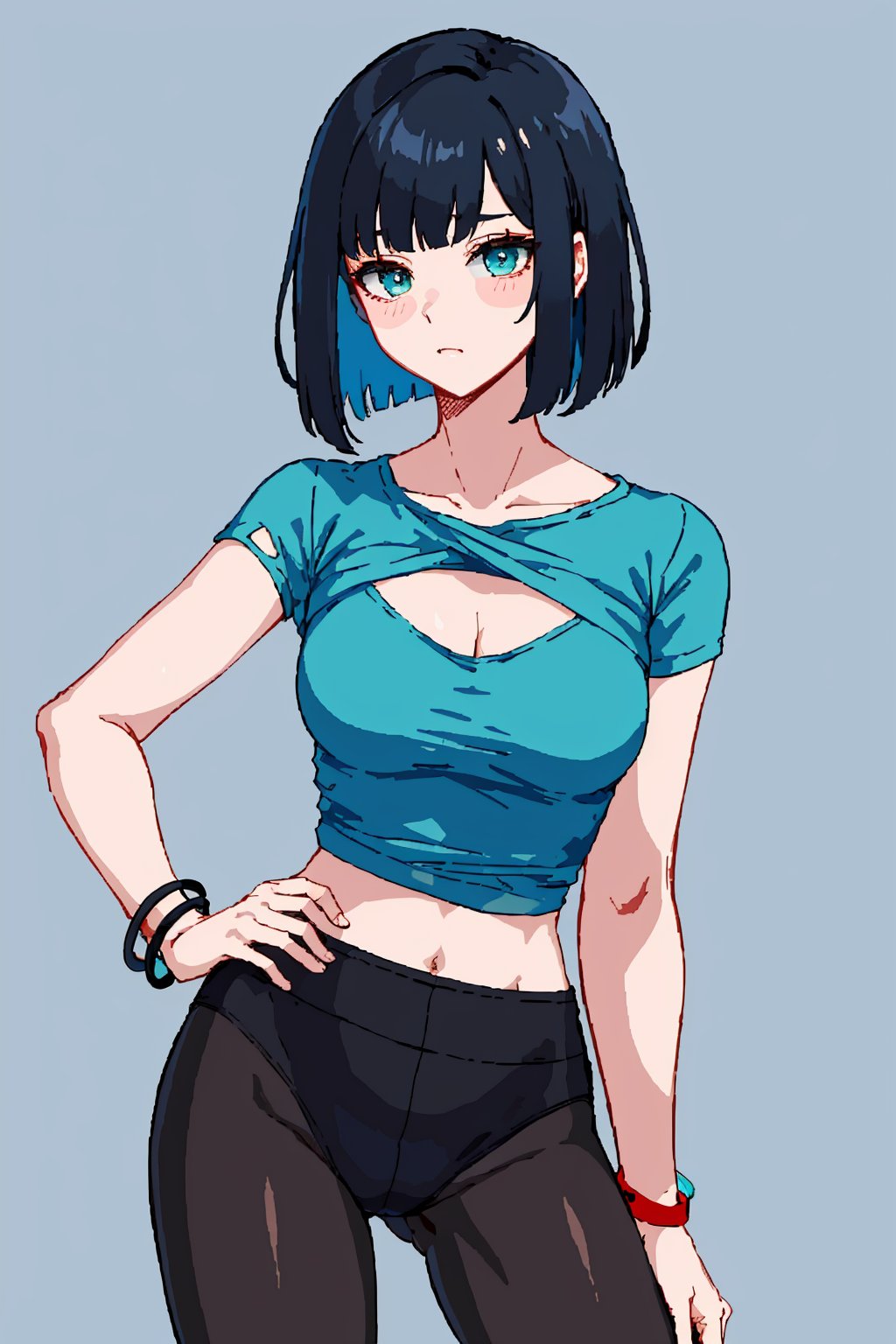 (masterpiece:1.2, best quality), 1lady, solo, (upper body),
Elegant and casual turquoise tshirt with simple designs
makeup,(blue theme)
,dark solid color background,
sleek bob,black_hair,red arm_bracelet,sexy,visible v line ,visible waist,wearing pantyhose,cleavage,leaning_forward,pixel_art