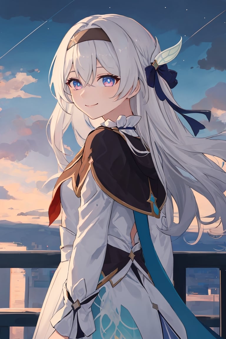 best quality, masterpiece, highres, ,firefly \(honkai: star rail\), 1girl, solo, long hair, smile, blue eyes, closed mouth, looking at viewer, outdoors, bangs, long sleeves, hair ornament, hairband, hair between eyes, cloudy sky, red cape, blue sky, star \(sky\), night sky, white hair, upper body, white shirt, railing, viewed from behind 