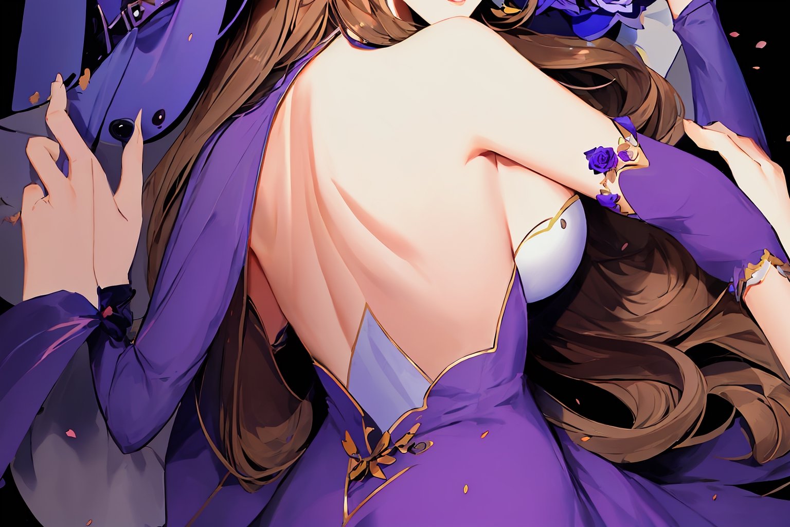 best quality, masterpiece, highres, solo, long_hair, green_eyes, bangs, brown_hair, flower, breasts, smile, hat, rose, cleavage, medium_breasts, purple_flower, witch_hat, hair_between_eyes, purple_headwear, hair_ornament, jewelry, hair_flower, purple_rose, hat_flower, blush,lisa_genshin,portrait,dark background, simple dark background,  dark background ,full_body,long_hair,illustration,line anime,, full_body, laying_down, viewed_from_behind, back 