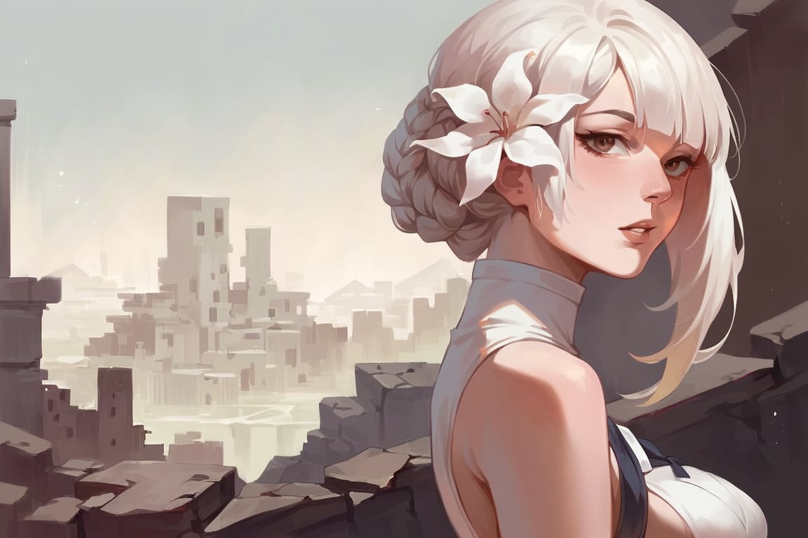 score_9, score_8_up, score_7_up, score_6_up, source_anime, BREAK masterpiece, KaineRep, white hair, breasts, asymmetrical hair, braid, hair flower, ruins, city, overgrown vegetation, parted lips, , viewed from side,lines , line art , black and white art 