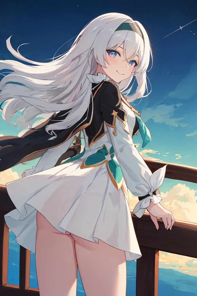 best quality, masterpiece, highres, ,firefly \(honkai: star rail\), 1girl, solo, long hair, smile, blue eyes, closed mouth, looking at viewer, outdoors, bangs, long sleeves, hair ornament, hairband, hair between eyes, cloudy sky, turquoise cape, blue sky, star \(sky\), night sky, white hair, full body, white shirt, railing, viewed from behind , bending_over, white skirt