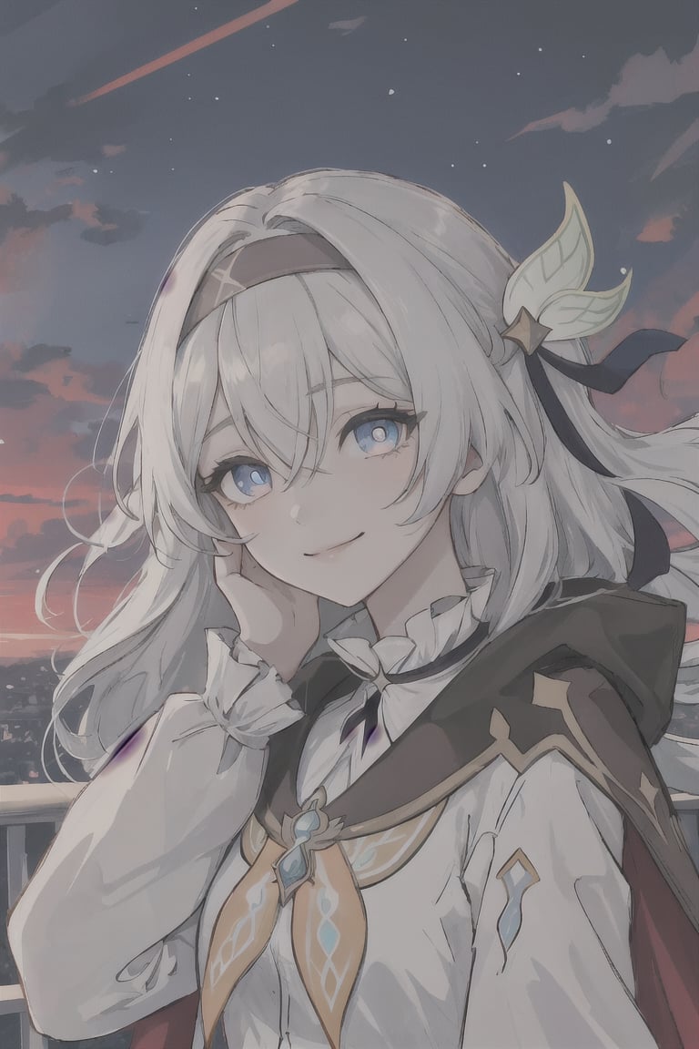 best quality, masterpiece, highres, ,firefly \(honkai: star rail\), 1girl, solo, long hair, smile, blue eyes, closed mouth, looking at viewer, outdoors, bangs, long sleeves, hair ornament, hairband, hair between eyes, cloudy sky, red cape, blue sky, star \(sky\), night sky, white hair, upper body, white shirt, railing,line anime