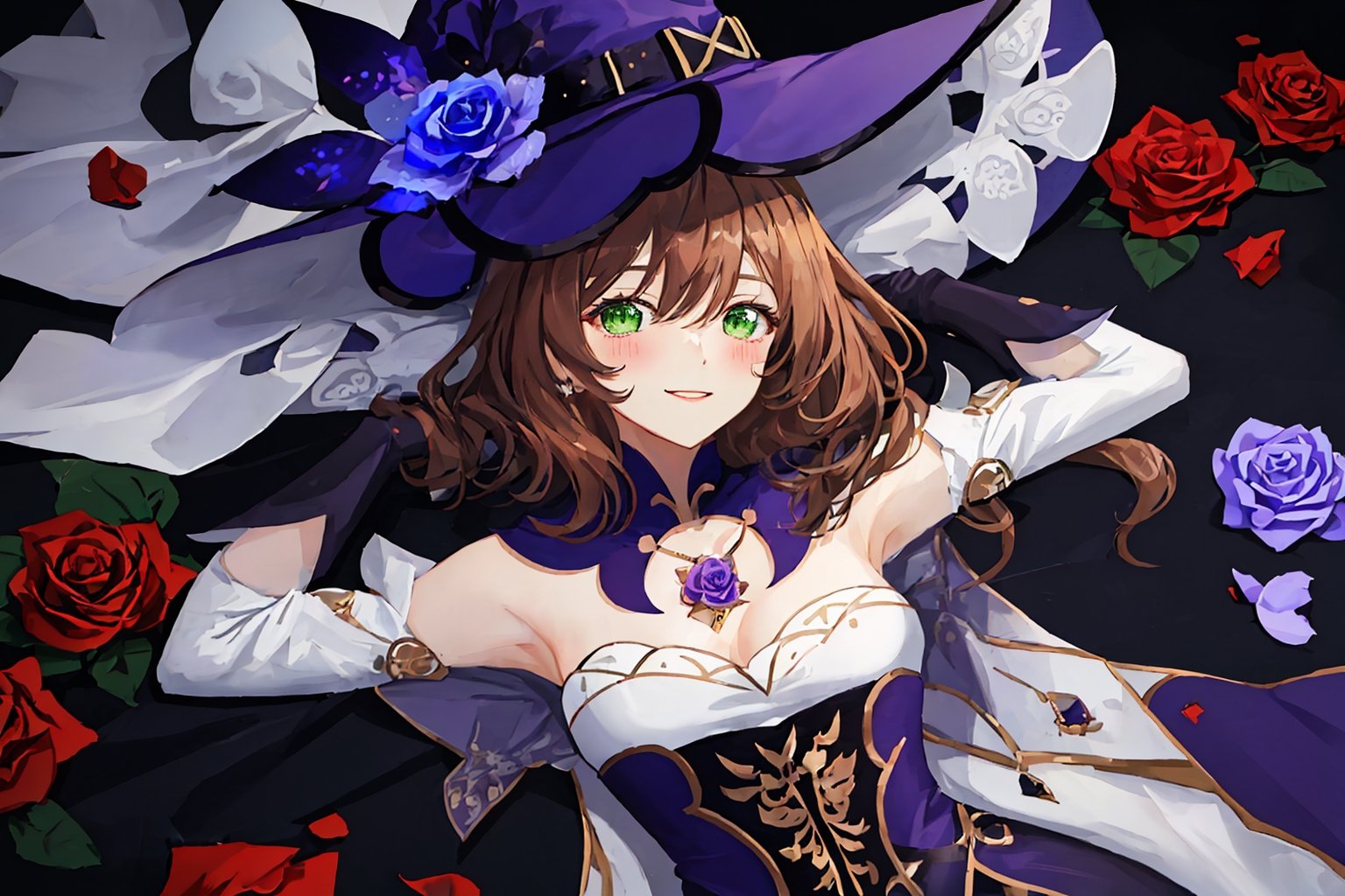 best quality, masterpiece, highres, solo, short_hair, green_eyes, bangs, brown_hair, flower, breasts, smile, hat, rose, cleavage, medium_breasts, purple_flower, witch_hat, hair_between_eyes, purple_headwear, hair_ornament, jewelry, hair_flower, purple_rose, hat_flower, blush,lisa_genshin,portrait,dark background, simple dark background,  dark background ,full_body,long_hair,illustration,line anime,, full_body, laying_down,arms_above_head, armpit, crossed_legs_(lying),sexy thighs 