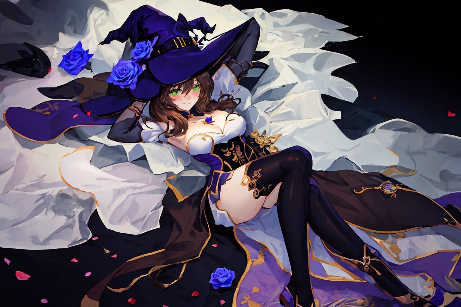 best quality, masterpiece, highres, solo, short_hair, green_eyes, bangs, brown_hair, flower, breasts, smile, hat, rose, cleavage, medium_breasts, purple_flower, witch_hat, hair_between_eyes, purple_headwear, hair_ornament, jewelry, hair_flower, purple_rose, hat_flower, blush,lisa_genshin,portrait,dark background, simple dark background,  dark background ,full_body,long_hair,illustration,, full_body, laying_down,arms_above_head, armpit, crossed_legs_(lying)