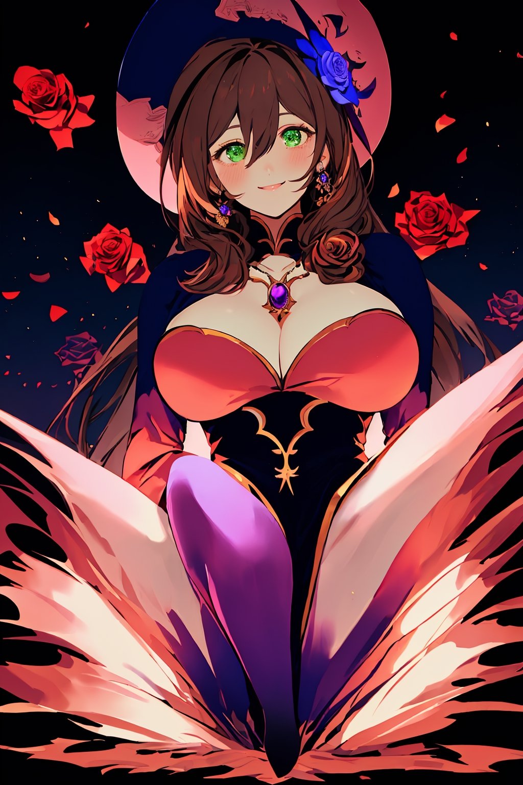 best quality, masterpiece, highres, solo, long_hair, green_eyes, bangs, brown_hair, flower, breasts, smile, hat, rose, cleavage, medium_breasts, purple_flower, witch_hat, hair_between_eyes, purple_headwear, hair_ornament, jewelry, hair_flower, purple_rose, hat_flower, blush,lisa_genshin,portrait,dark background, simple dark background,  dark background ,full_body,long_hair,illustration,line anime,, full_body, leg_spread, low_angle_view