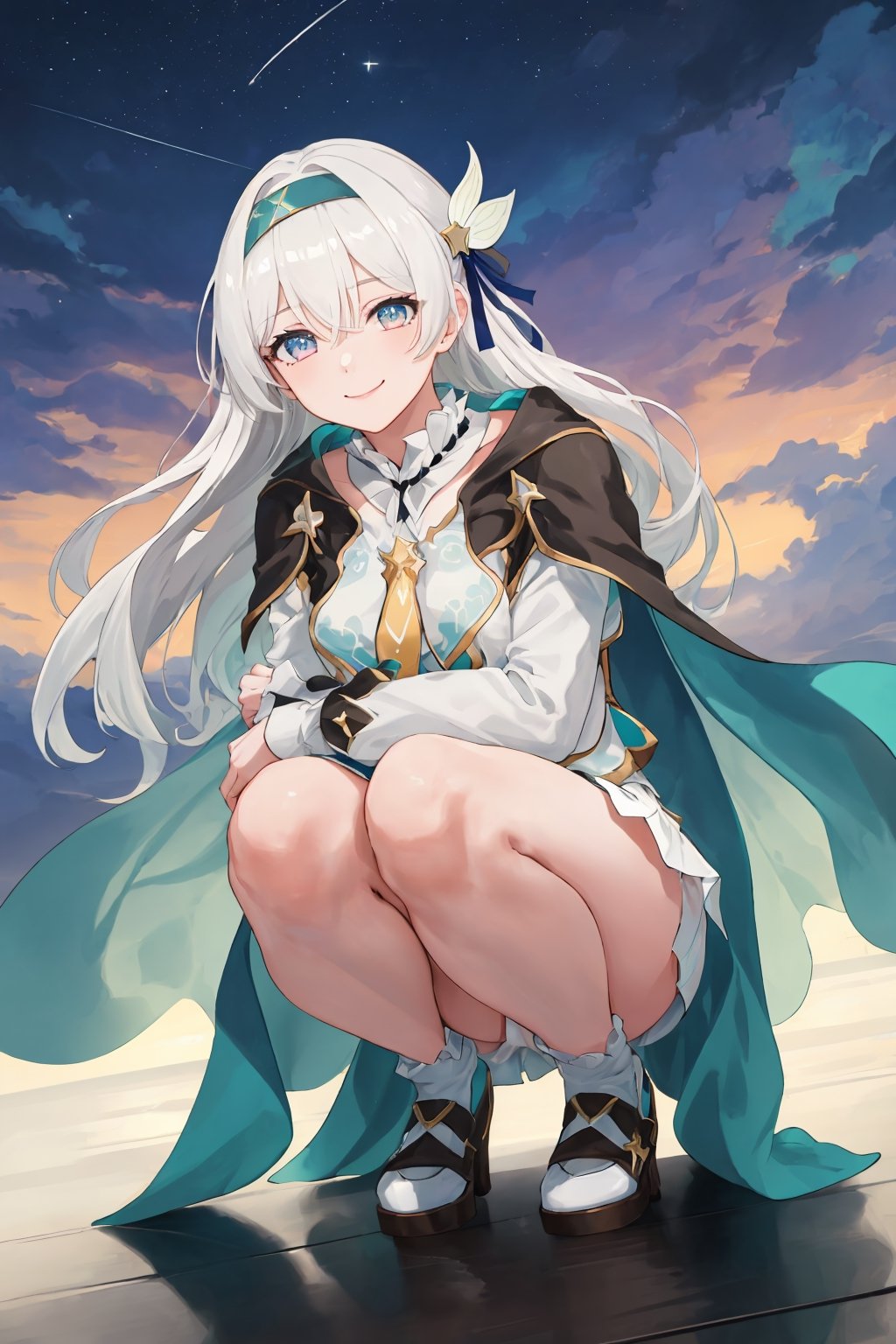 best quality, masterpiece, highres, ,firefly \(honkai: star rail\), 1girl, solo, long hair, smile, blue eyes, closed mouth, looking at viewer, outdoors, bangs, long sleeves, hair ornament, hairband, hair between eyes, cloudy sky, turquoise cape, blue sky, star \(sky\), night sky, white hair, full body, white shirt,  viewed from front , flowing white skirt, revealing thighs, leaning_back, squatting , very low camera angle shot, low-angle_shot, white panties 