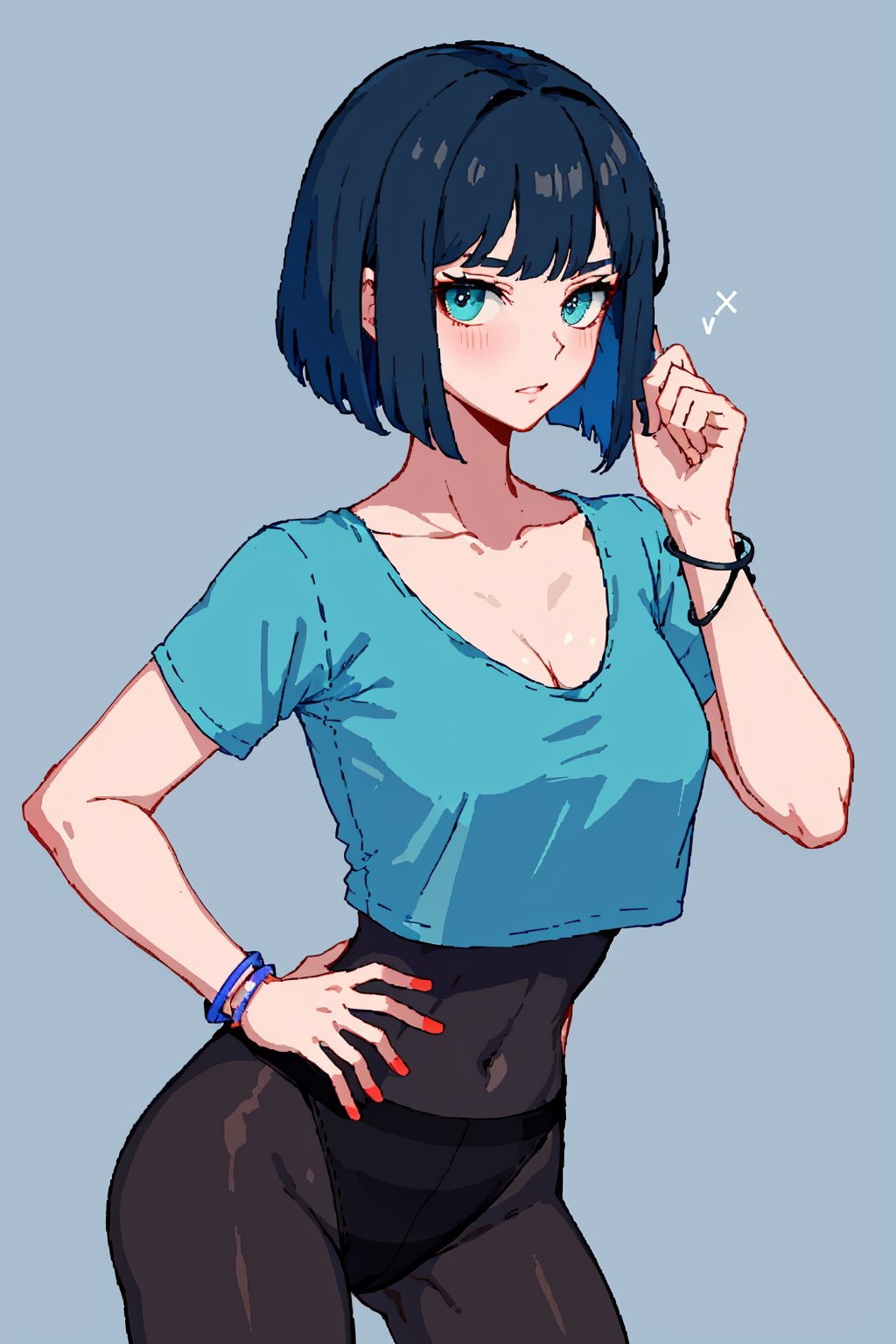 (masterpiece:1.2, best quality), 1lady, solo, (upper body),
Elegant and casual turquoise tshirt with simple designs
makeup,(blue theme)
,dark solid color background,
sleek bob,black_hair,red arm_bracelet,sexy,visible v line ,visible waist,wearing pantyhose,cleavage,leaning_forward,pixel_art